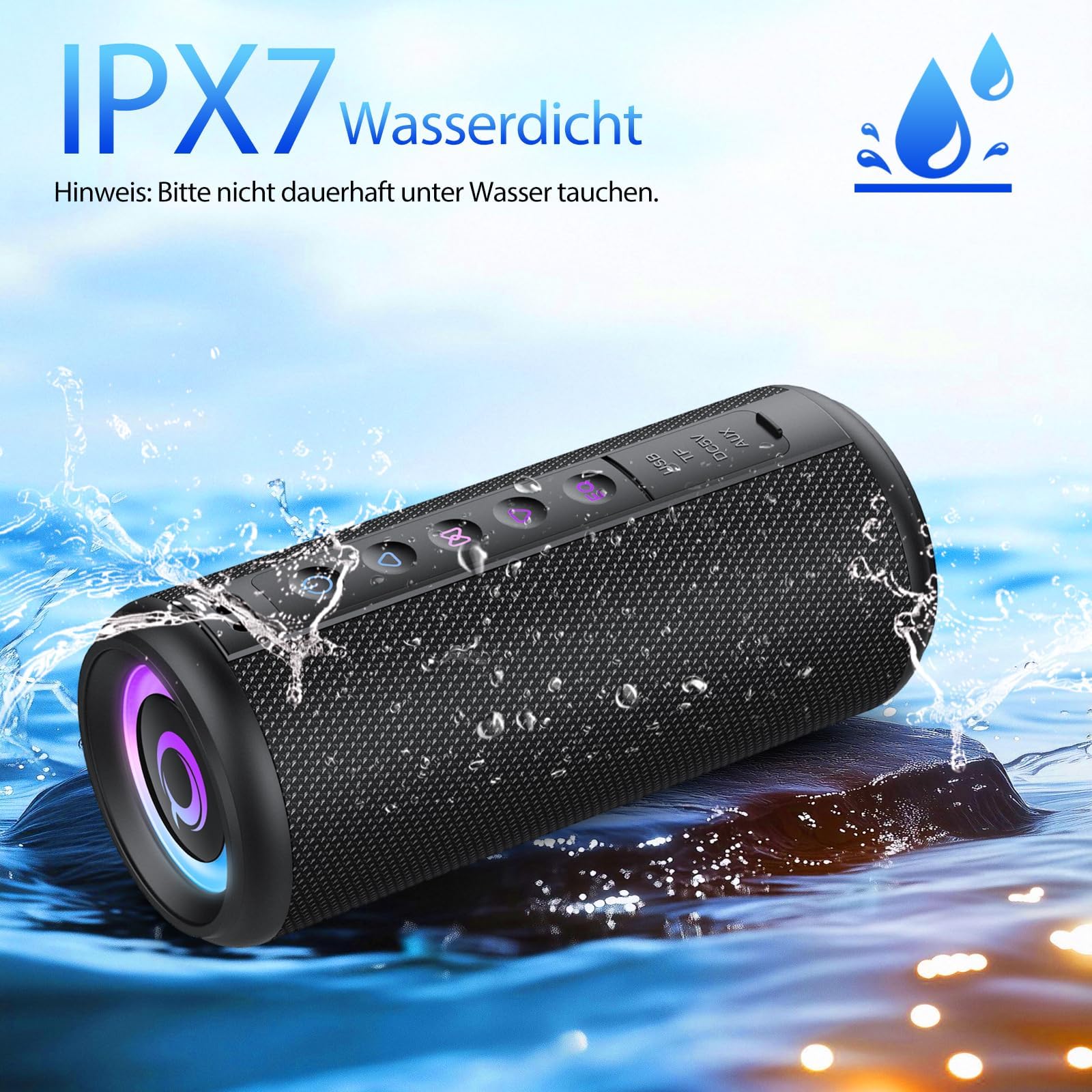 Bluetooth Lautsprecher, 2026 Musikbox Bluetooth 5.4 mit RGB Licht, Tragbare Bluetooth Box, Freisprechfunktion, IPX7 wasserdicht, kraftvoller Sound für Outdoor, Garten und Reisen