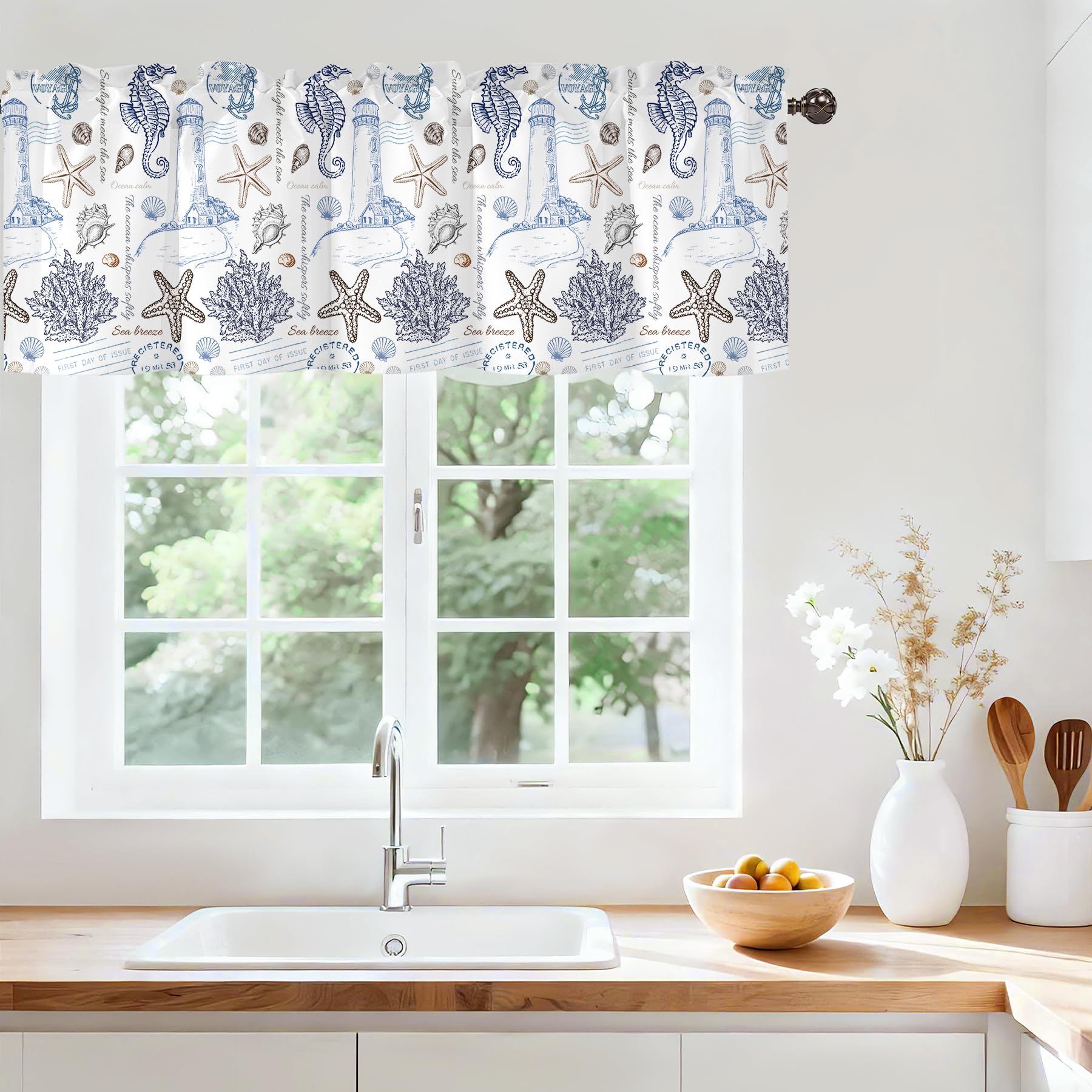 Beach Seashell Seahorse Valances for Windows, Rod Pocket 42x12 in