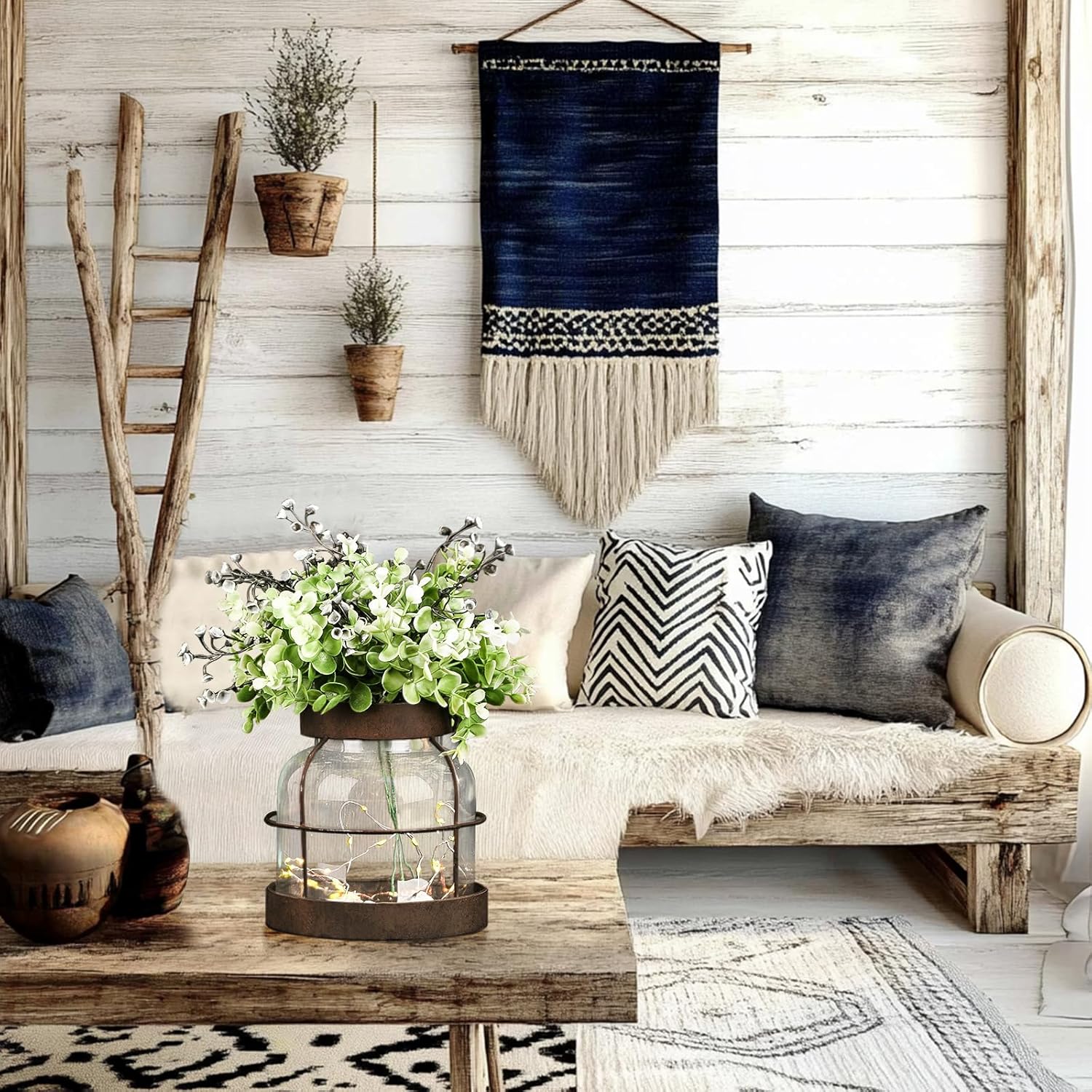 Farmhouse Rustic Vintage Primitive Glass Vases Lantern with Lights Green Artificial Eucalyptus Fake Plants Home Decor Centerpiece for Coffee Office Dining Table Shelf Desk Counter Kitchen Bathroom - Image 5