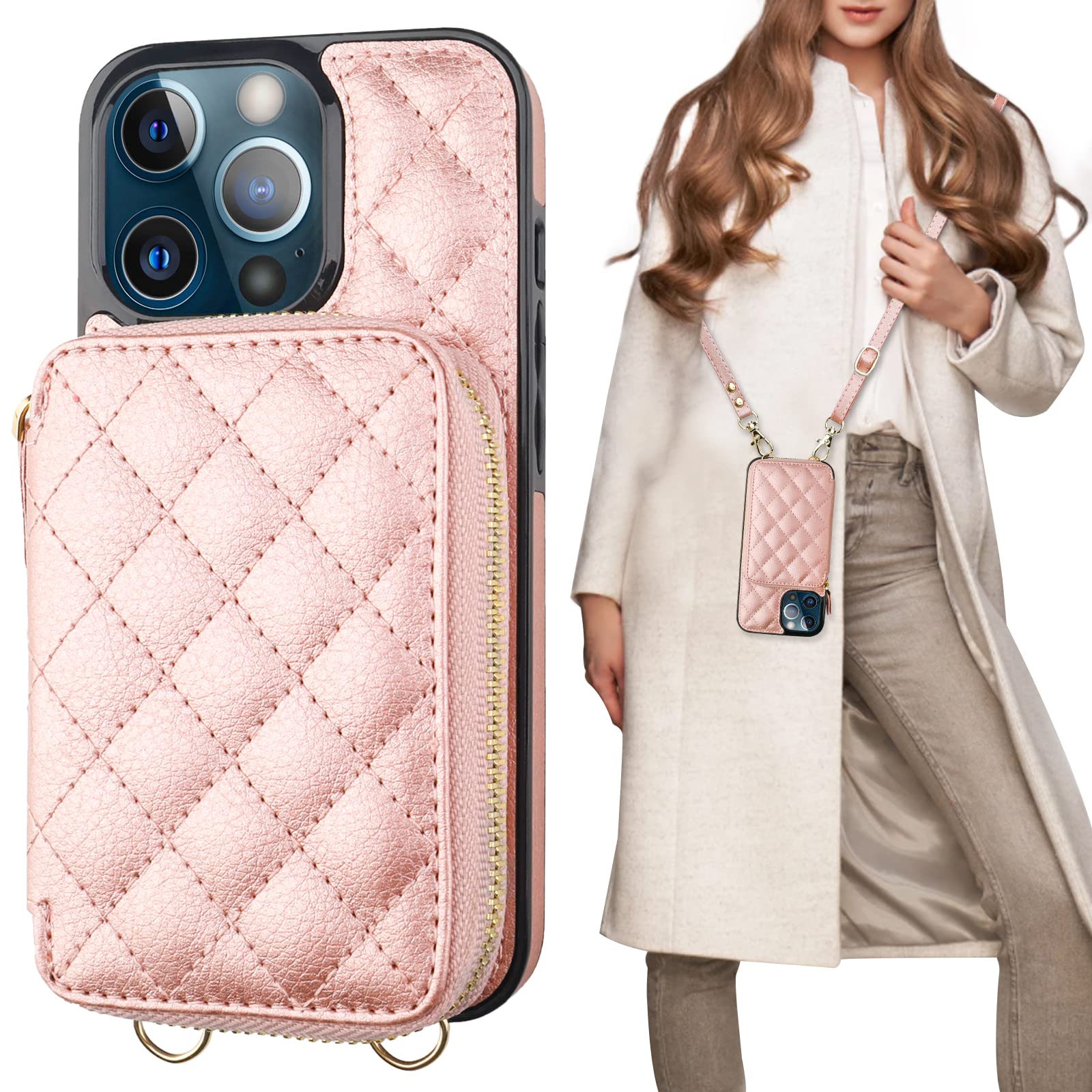 Bocasal Crossbody Wallet Case for iPhone 13 Pro, RFID Blocking PU Leather Zipper Handbag Purse Flip Cover, Kickstand Folio Case with Card Slots Holder