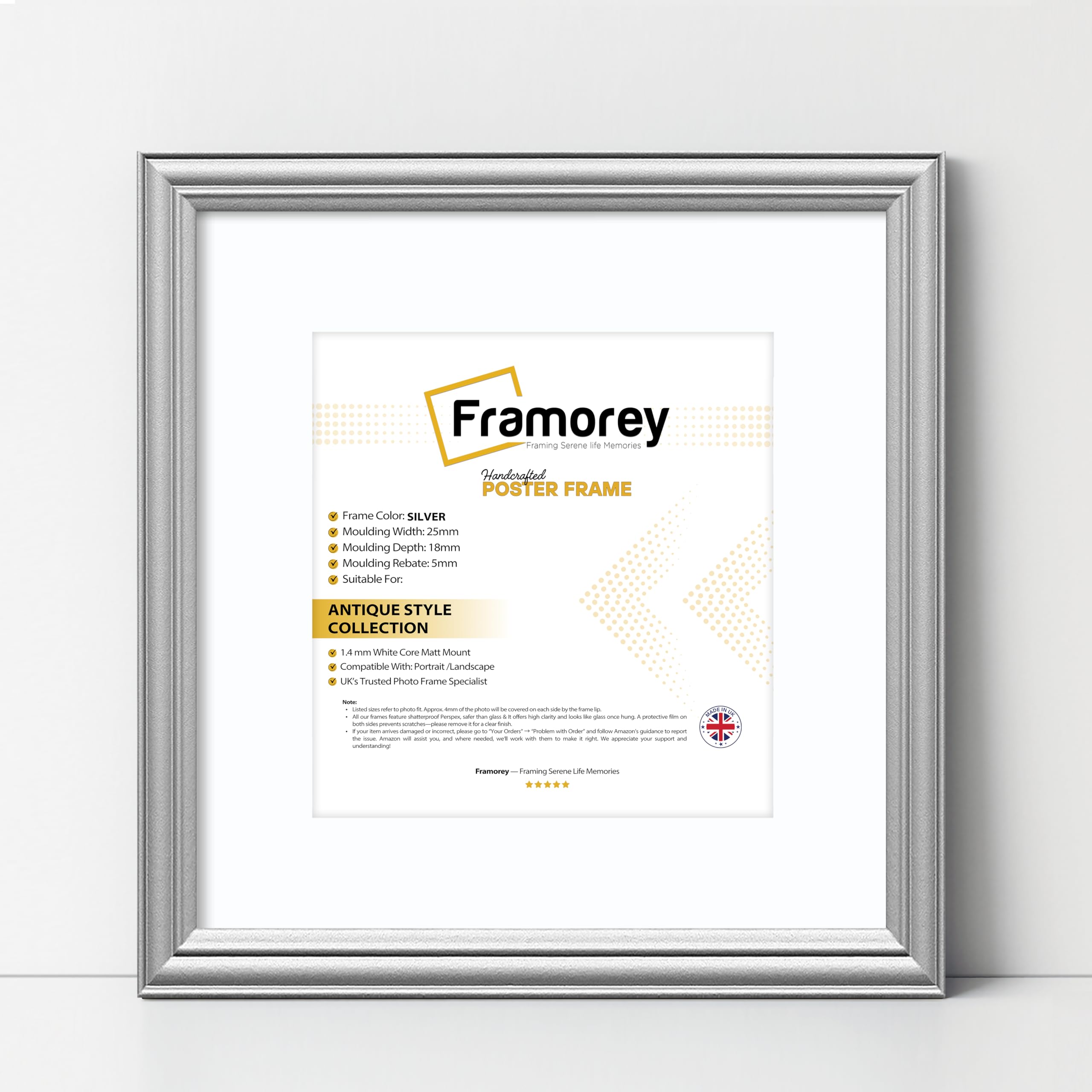 Framorey Framing Serene Life Memories Silver With White Mount Framorey Square Photo Frames, 6X6" Size Silver Picture Frame With 4X4" Size White Mount, Lw Antique Style Home Wall Decor Frames, Wall Hanging Art Poster Frames, Mdf Wood Frames
