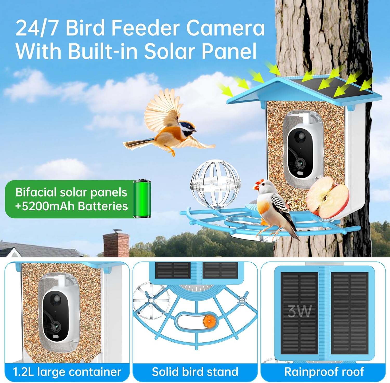 Bird Feeder with Camera, Solar-Powered, Color Night Vision, 2.4GHz WiFi, AI Smart Bird House with Cam, 2K Live View, Instant Notifications, Choice for Christmas/Parents - Image 7
