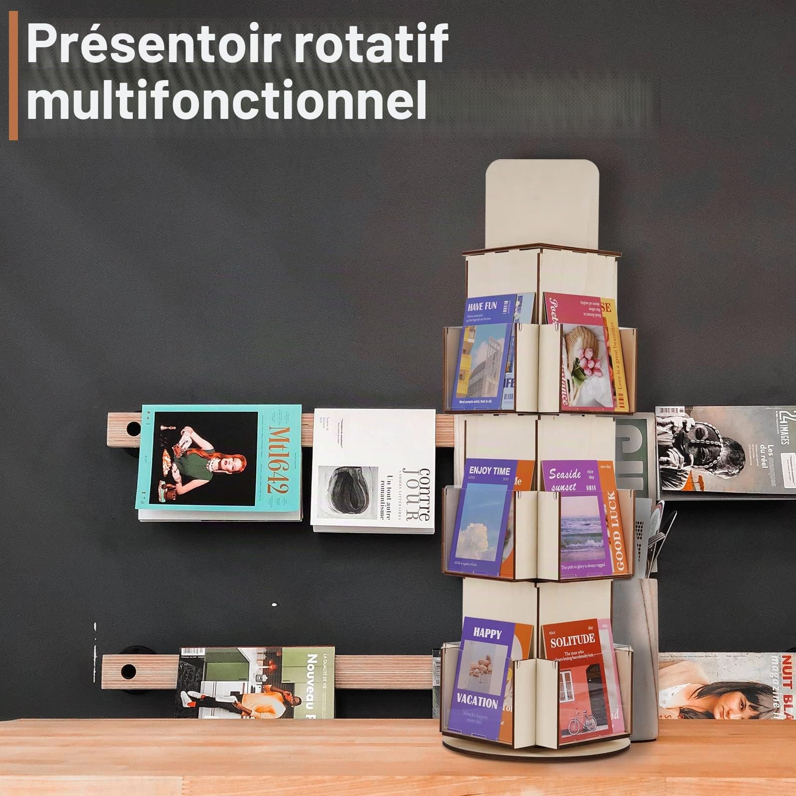 Présentoir Rotatif pour Cartes Postales et de Vœux - Format Portrait - Support d'Exposition (Couleur Bois)