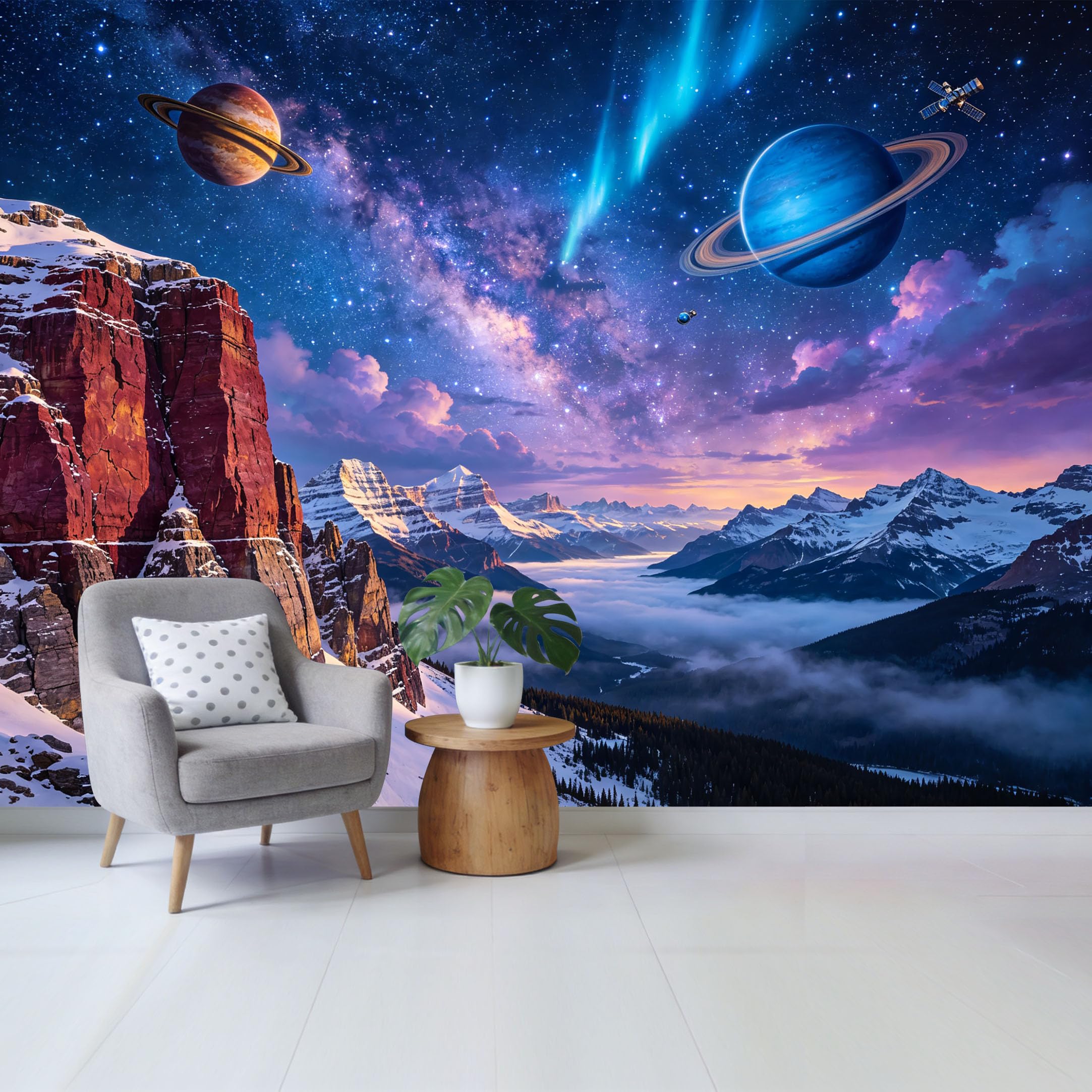 Custom Size Wall Mural Cosmic Mountain Landscape with Planets and Milky Way Galaxy Sky Removable Self Adhesive Fabric Home Wall Decor for Living Room Bedroom Bathroom