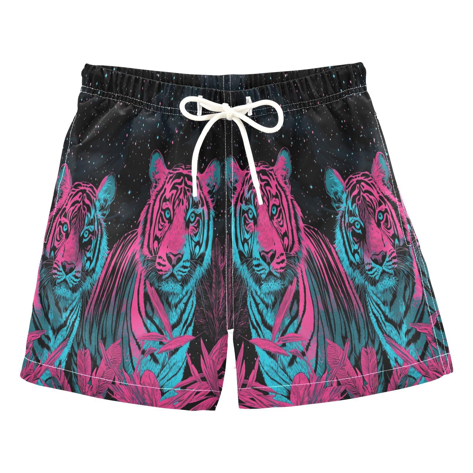 Jucciaco Boys Beach Board Shorts Tiger Cat Galaxy Animal Quick Dry Swim Trunk Swimwear for Kids Multicolor