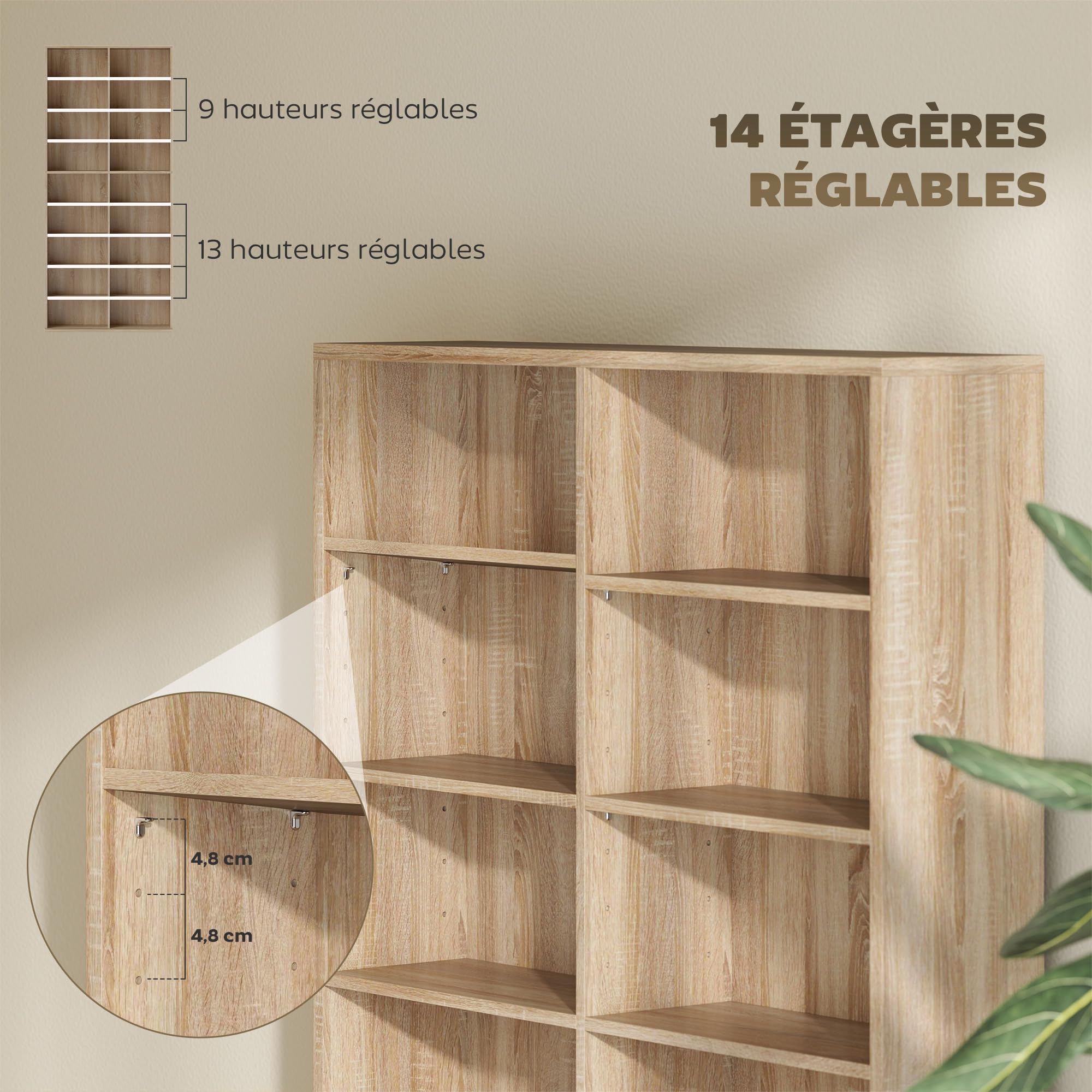 HOMCOM Contenitore per CD e DVD, contenitore multimediale, capacità massima 640 CD/360 DVD e 430 Blu-ray, 18 scomparti 14 ripiani regolabili, per soggiorno, camera da letto, 78,5x24x175cm, legno
