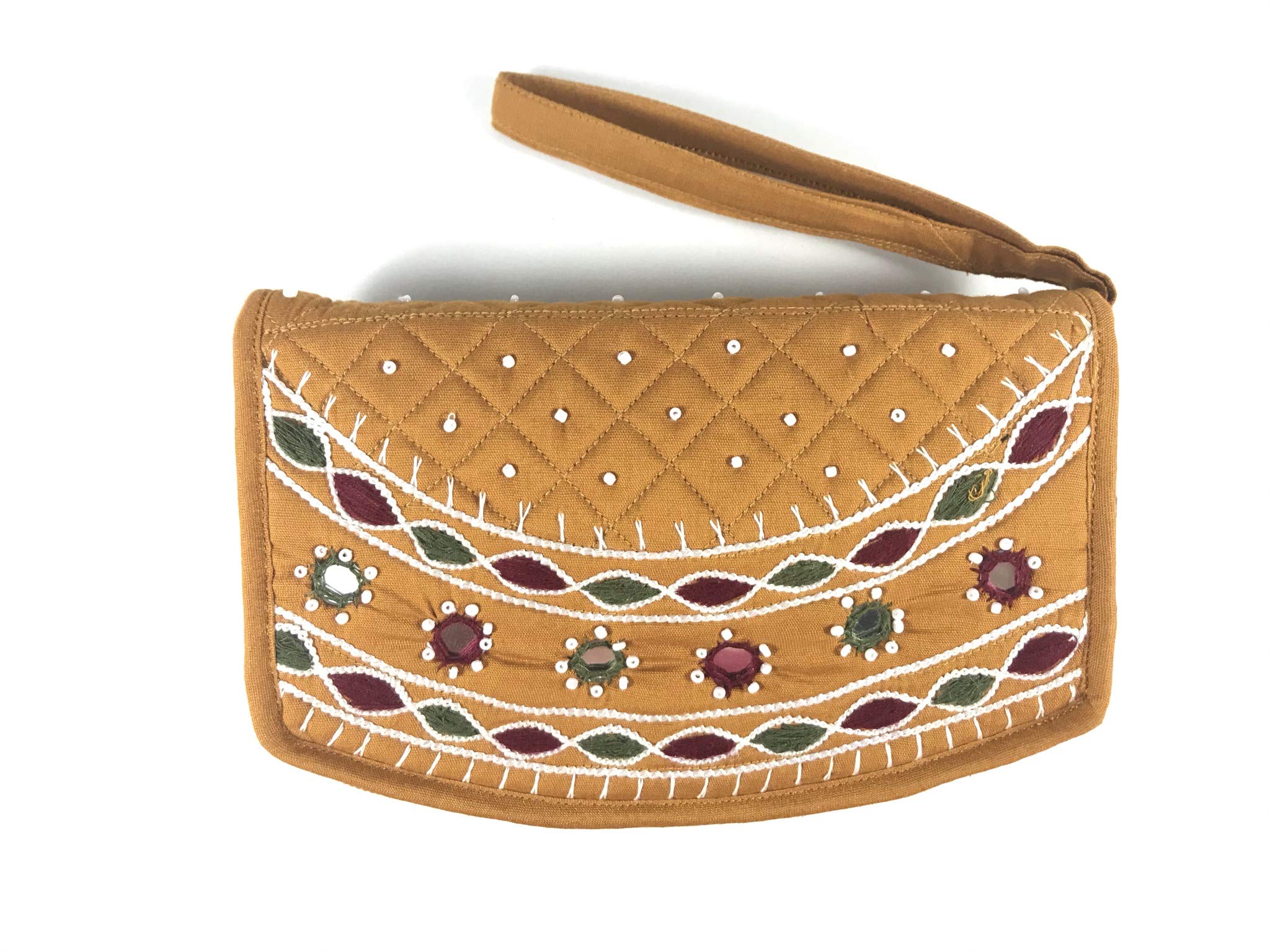 SriShopifyWomen's Cotton Mirror, Beads and Thread Work Handmade Hand Purse with Mobile Holder (Mustard yellow , Medium 8 Inch )