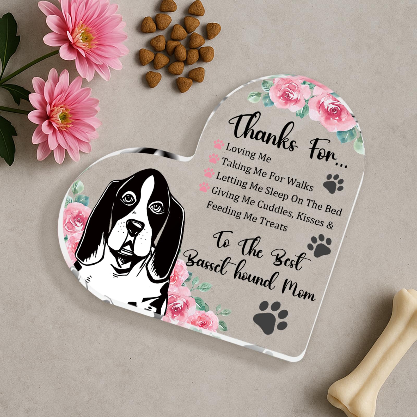 Tian Zhun Basset Hound Gifts for Women Thank You Basset Hound Mom Gifts for Women Dog Lover Rose Acrylic Heart Plaques Appreciation Gift for Mothers Day Christmas Birthday