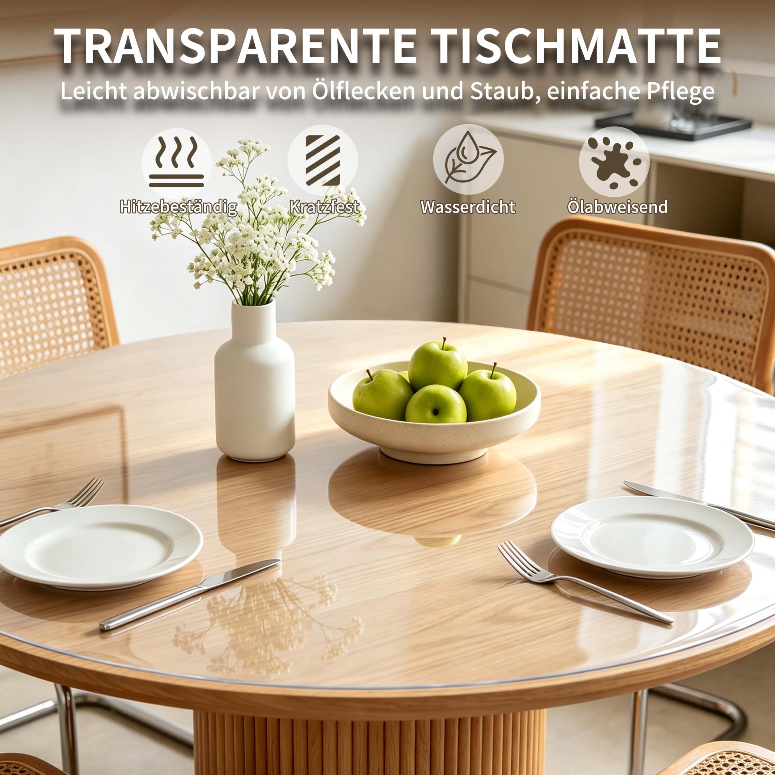 Tischdecke Transparent Rund, Tischfolie wasserdicht 2mm dick, Tischschutz für Esszimmer, abwaschbar hitzebeständig Tischdecke Schreibtisch Tischpad (110X110cm Rund)