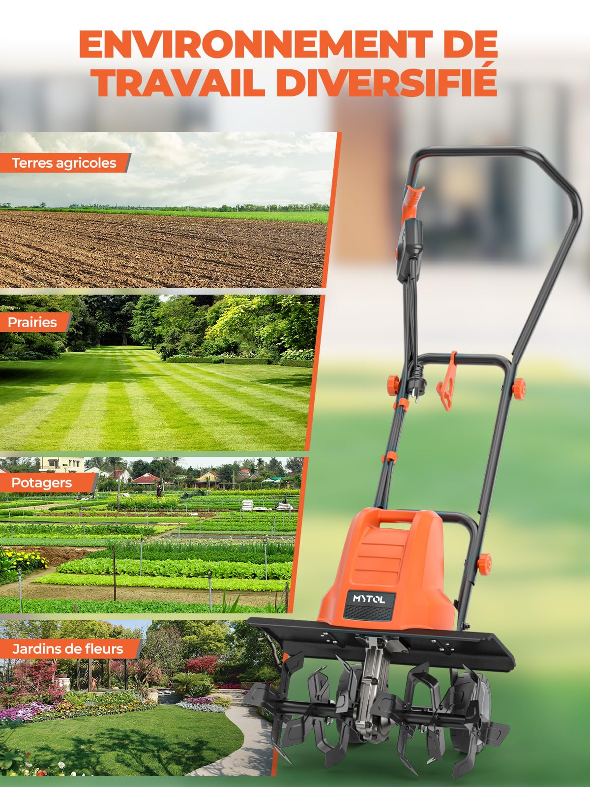 MYTOL Motobineuse Électrique 1500W, Largeur de Travail 45cm, Profondeur 22cm, Bêche Légère avec 6×4 Dents en Acier Robuste, Poignée Pliable, Double Bouton de Sécurité, Protection contre la Surchauffe