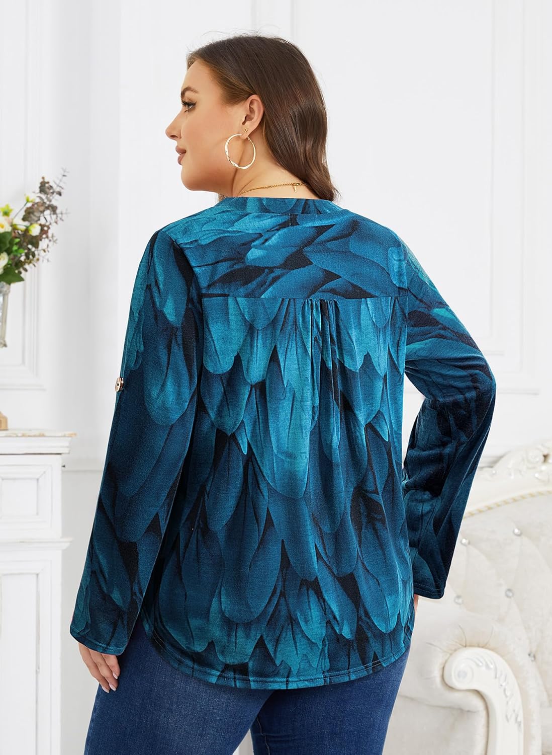 Siddhe Womens Plus Size Tops 3/4 Ruffle Sleeve Loose Fit Blouses Button Square Neck Shirt Casual Pleated Tunic Tops(1X-5X) - Image 2