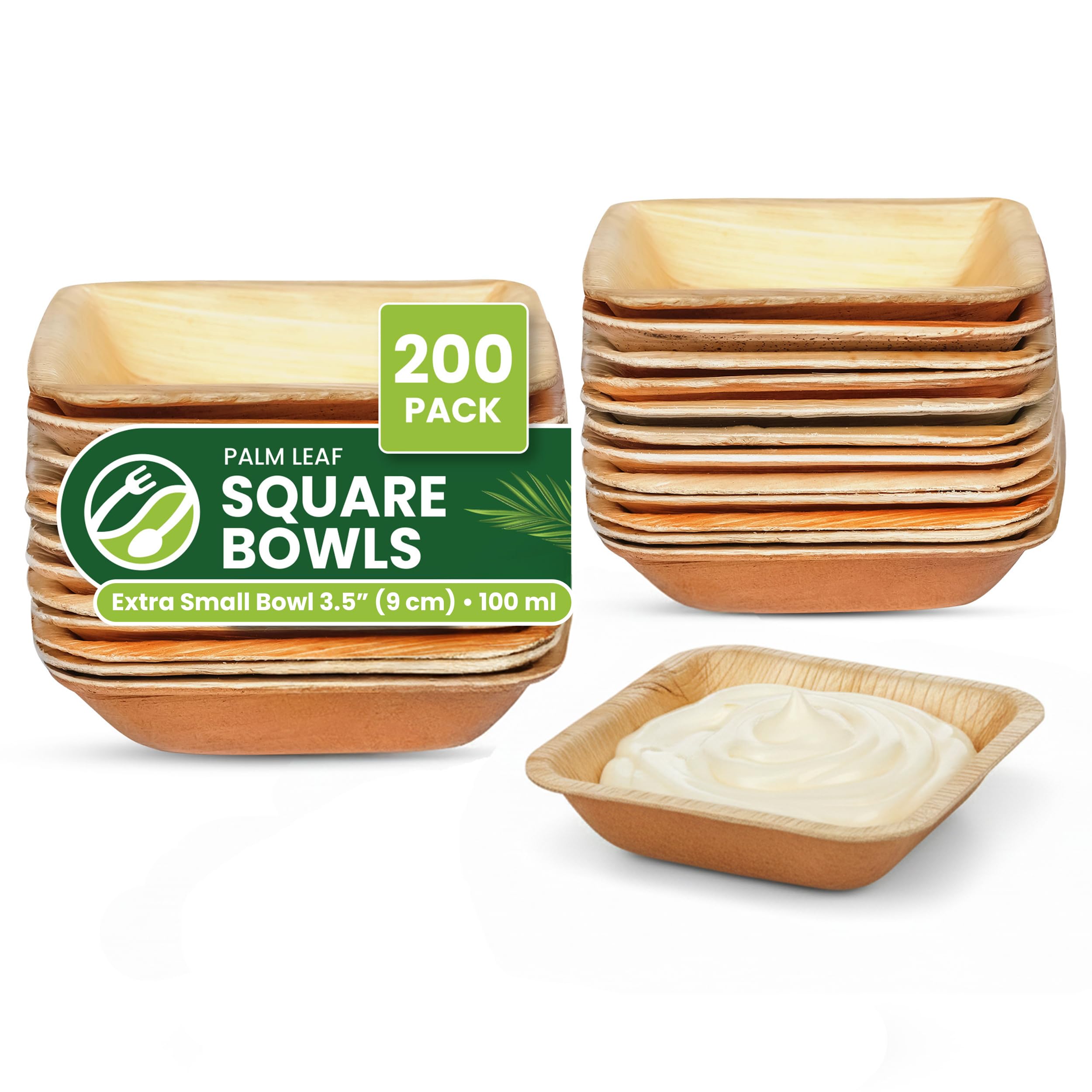 ECO Leaf 200 Disposable Palm Leaf Bowls |3.5”(9cm) Square Compostable Dinner Bowls | Eco-Friendly, Biodegradable Heavy-Duty Bowl for Wedding, Party and Picnic | Microwave & Oven Safe, Pack of 200