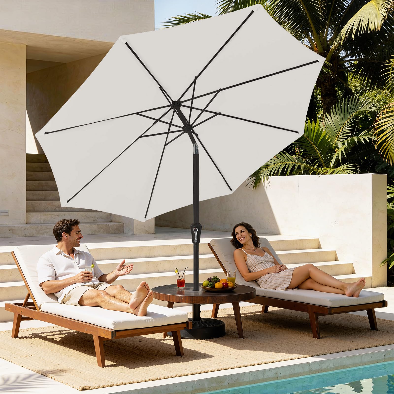Palawano 2.7M Parasol de Jardin Exterieur Anti UV et Vent, Parasol Terrasse Balcon avec Manivelle pour Café, Jardin, Piscine et Arrière-Cour (Blanc Crème)