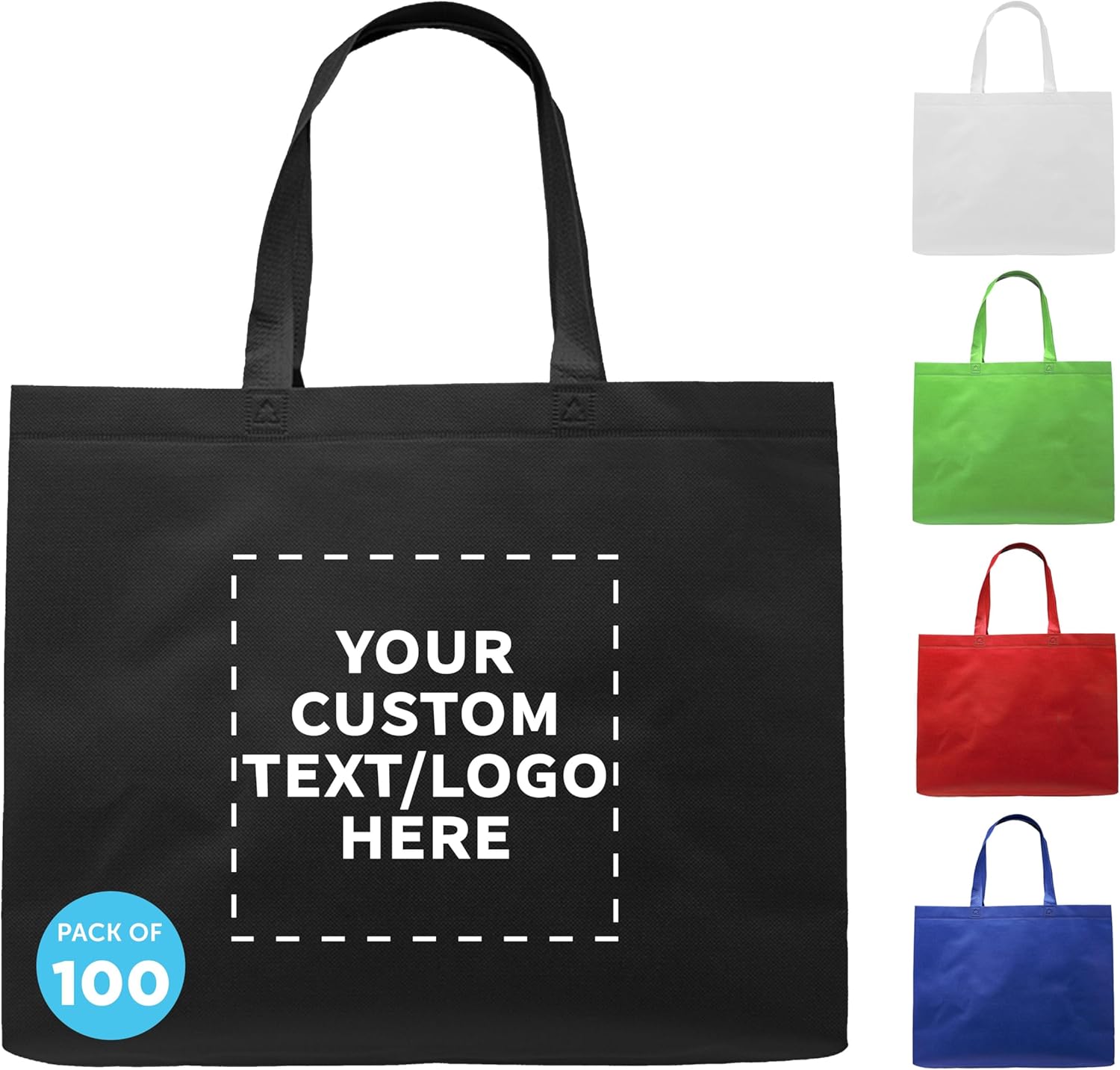 DISCOUNT PROMOS Custom Jumbo Sized Tote Bags Set of 100, Personalized Bulk Pack - Reusable Grocery Bags, Shopping Bags, Promotional Item Totes for Women - Black