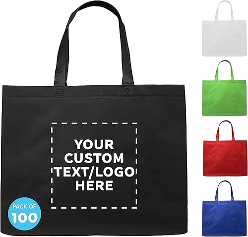DISCOUNT PROMOS Juego de 100 bolsas de mano personalizadas de tamaño gigante, paquete a granel personalizado, bolsas de comestibles reutilizables,