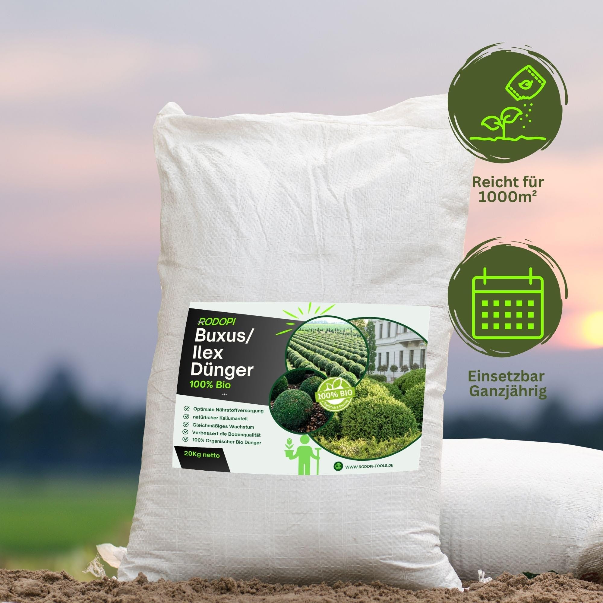 Rodopi Bio-Buxusdünger & Ilexdünger Granulat – 3 Monate Langzeitwirkung – 100% pflanzlich & vegan – Organischer NPK-Dünger 7-3-8 mit Magnesium 20kg