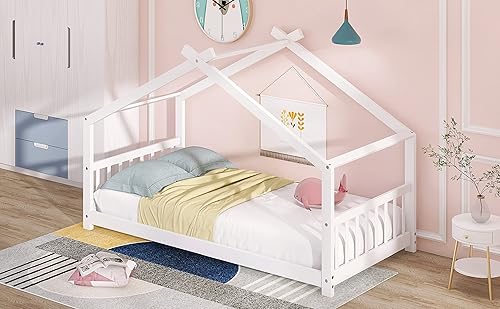 Miniatura 205 de Base de cama de casa de tamaño individual con techo y valla, marco de cama de madera para niños pequeños, adolescentes, niñas, niños, se puede