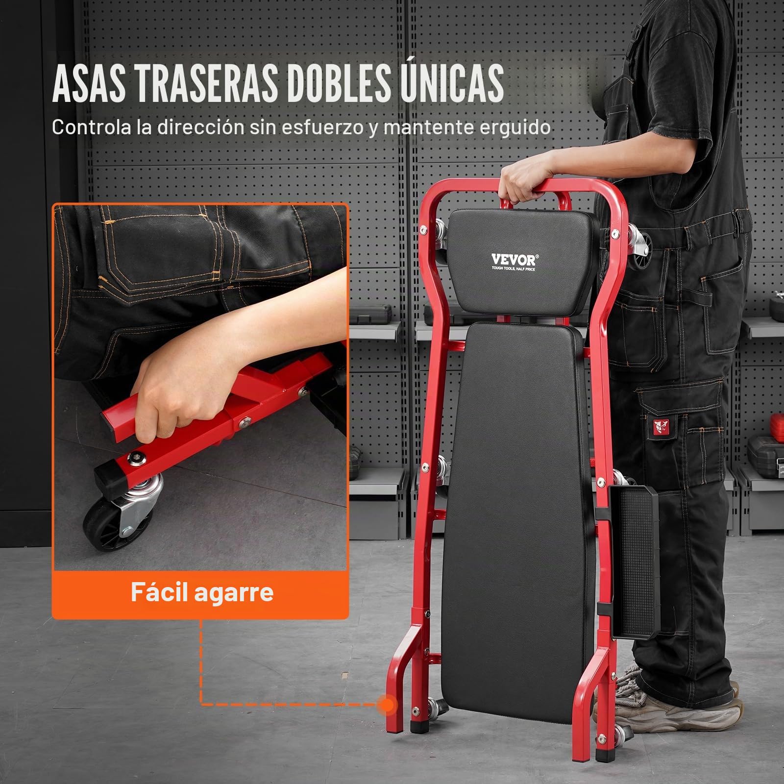 VEVOR Camilla Mecánica para Garaje, Carga 136,1 kg, Camilla Rodante Automotriz con 6 Ruedas, Reposacabezas Acolchado Ajustable, para Garajes, Talleres de Reparación y Bricolaje, 1095 x 555 x 220 mm