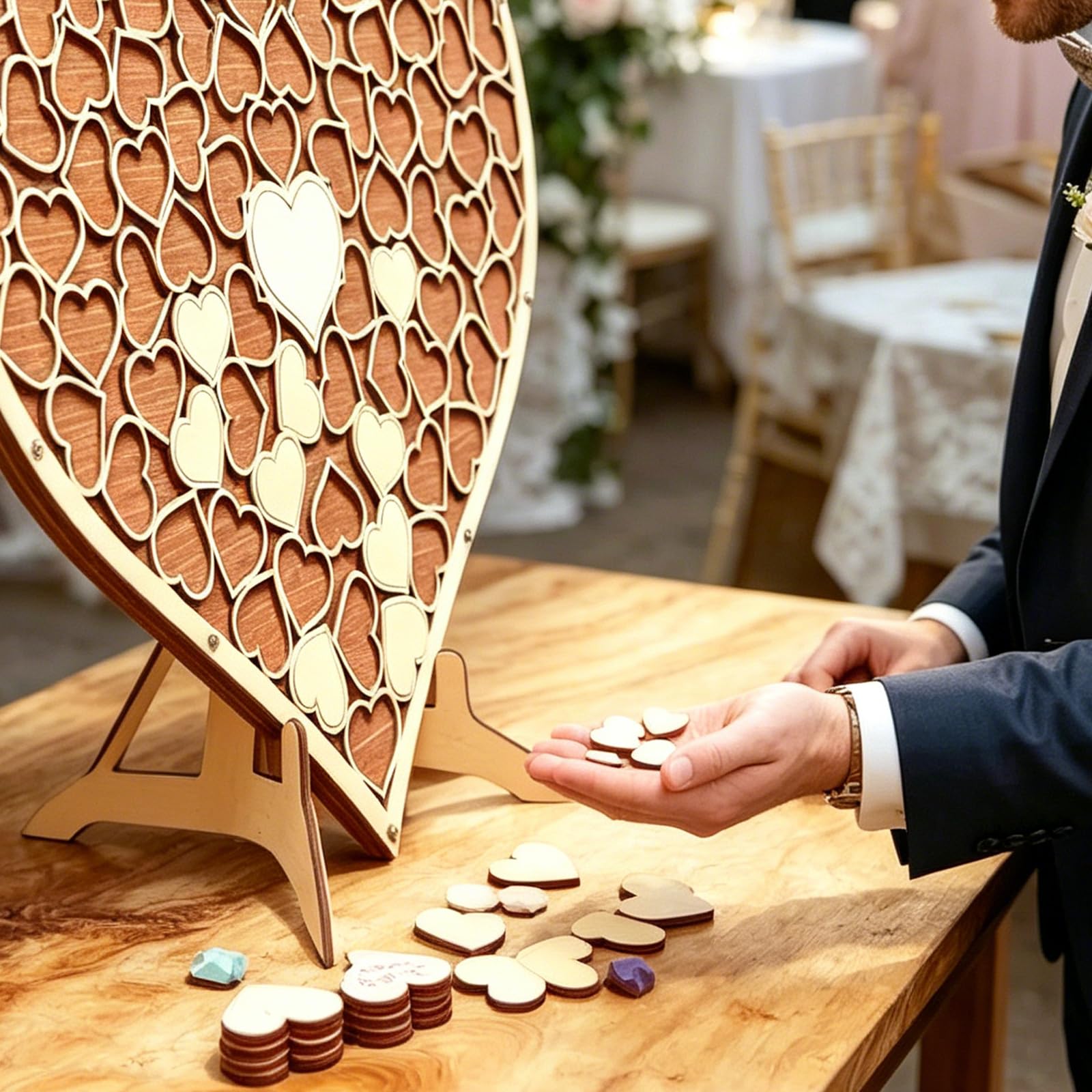Libro de visitas de boda, libro de visitas de madera con 84 corazones y base de madera, personalizado, forma de corazón, libro de visitas alternativo, libro de visitas de boda, para fiestas