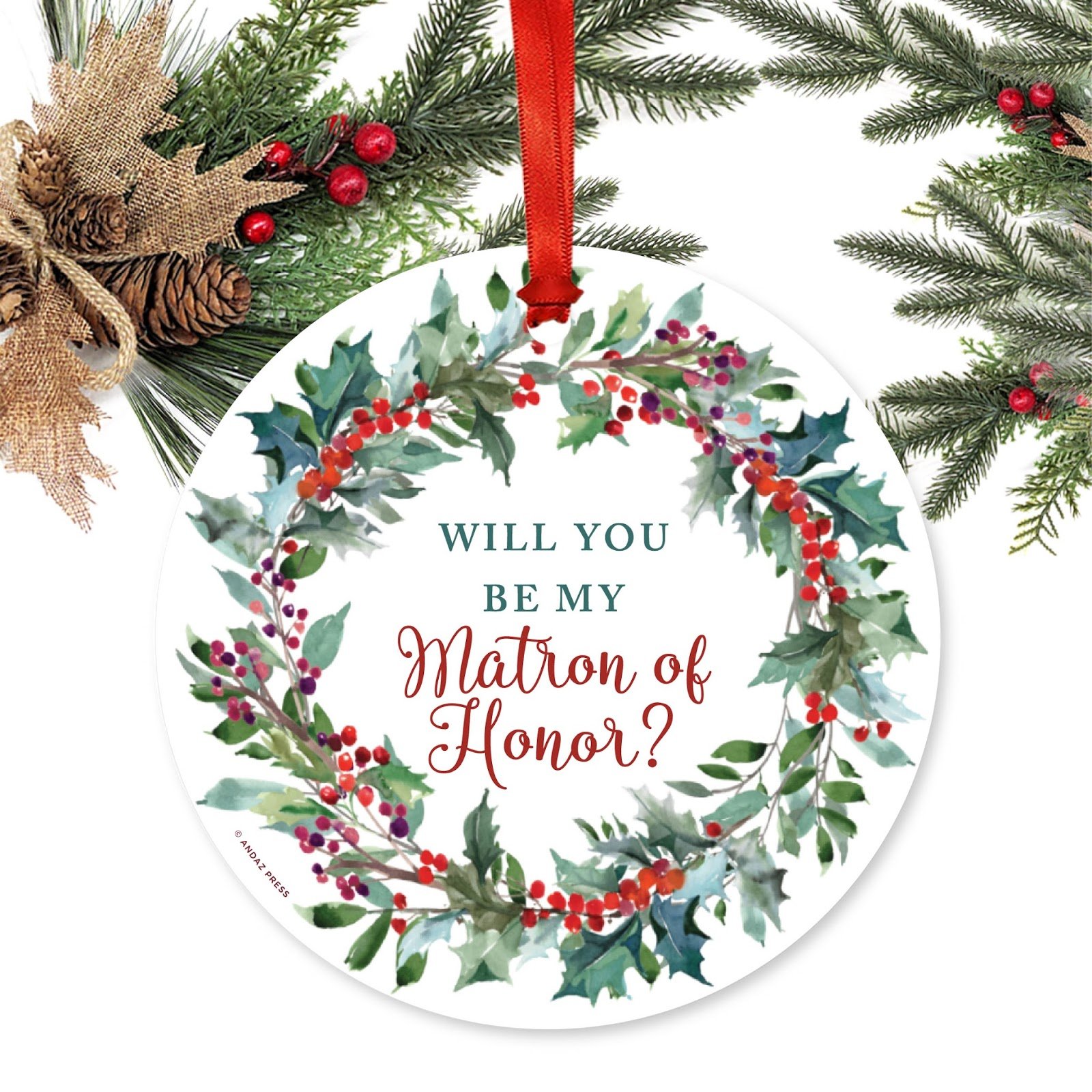 Andaz Press Wedding Metal Christmas Ornament, Will You Be My Matron of Honor?, Red Holiday Wreath, 1-Pack, Includes Ribbon and Gift Bag