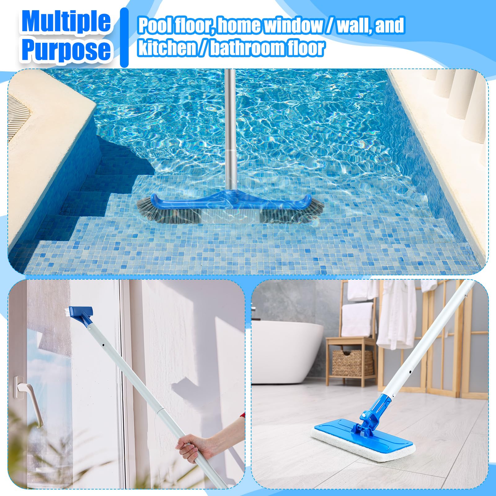 Tioncy 4-teiliges Poolbürsten-Set mit 119,4 cm langer Stange, verstellbarer 44,5 cm Pool-Bürstenkopf, Handscheuerbürste und Scheuerschwamm-Pads mit Aluminiumstange für Spa, Whirlpool, Badezimmer