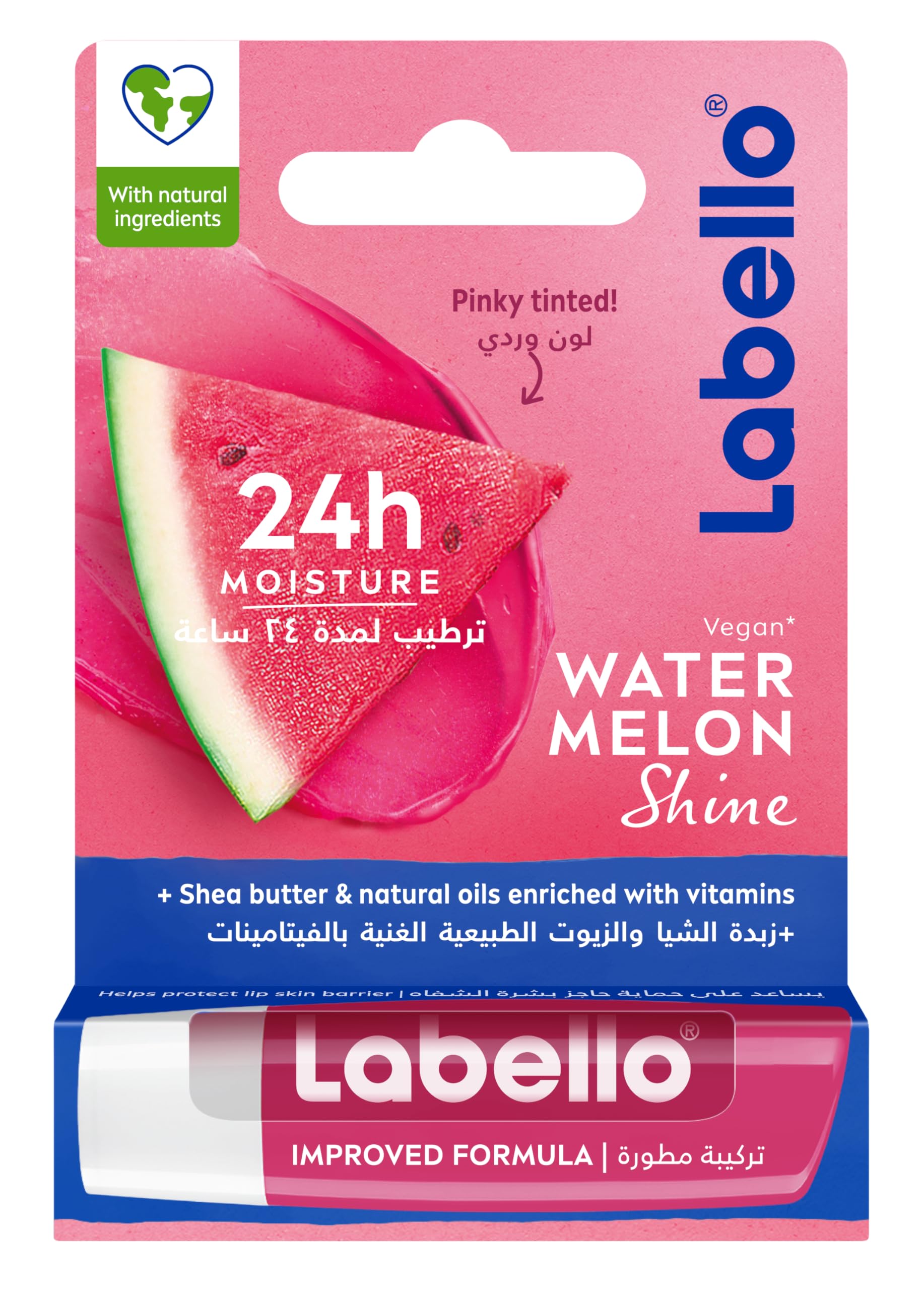 LABELLO Lip Balm, Watermelon Shine, (4.8g) 24H Melt-In Moisture, with Shea Butter and Natural Oils Enriched with Vitamins, with Natural Ingredients, Mineral Oil Free, Vegan