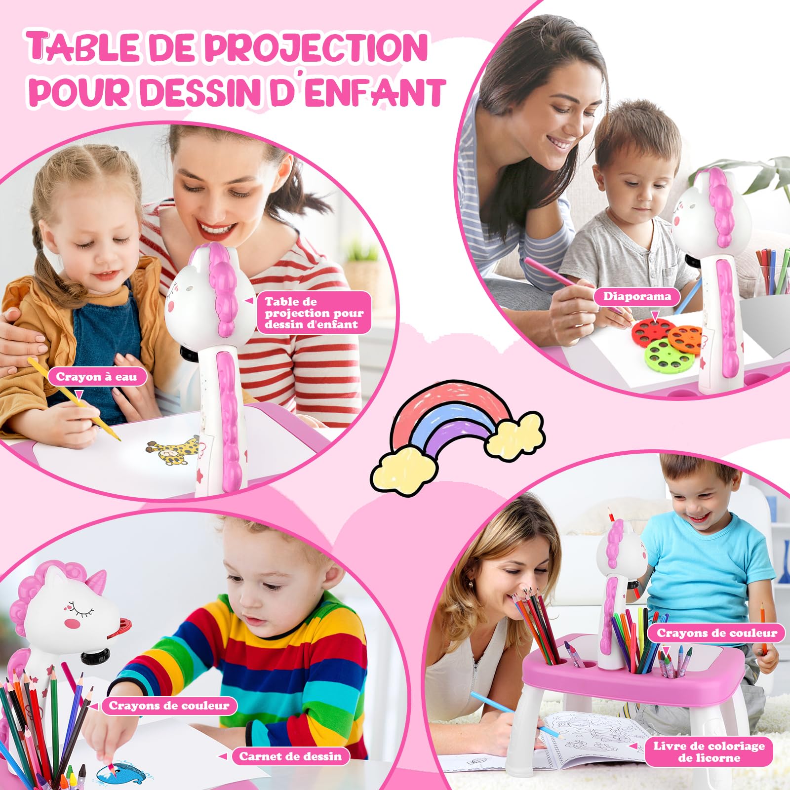 Konijiwa Cadeau Fille Projecteur Dessin Enfant avec 72 Motifs Jouet Fille Jeux Enfant 3 4 5 6 ans Licorne Jouet Cadeau avec Crayons de Couleur, Album de Découpage, Livre d'Autocollant Licorne, Tampon
