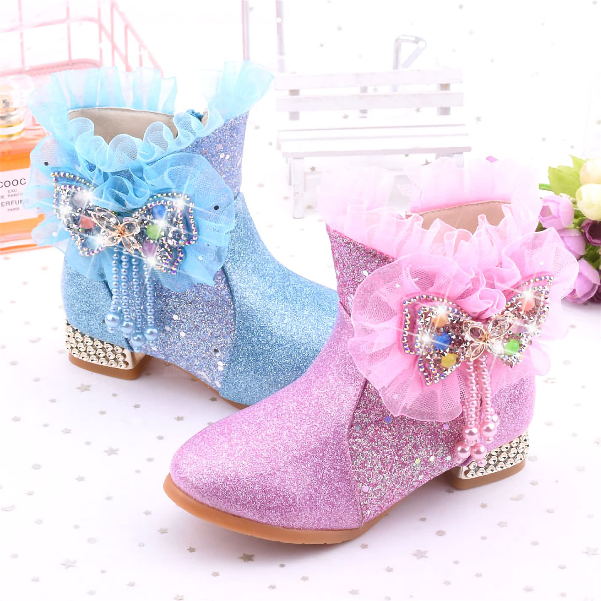 New front Scarponcini Bambina Stivali Bambina Invernali Bambina e Ragazze Carino Stivali da Neve con Tacco Stivali da Principessa Eleganti Blu Rosa Taglie 27-38