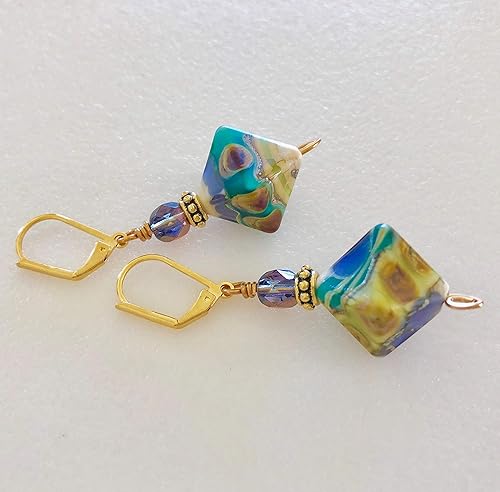 Miniatura 5 de Lavender and Teal Lampwork Earrings, Lavender Teal Lime Green Glass, Artisan Handmade Glass, Diamond Pyramid Beads, Czech Glass, Bohemian.