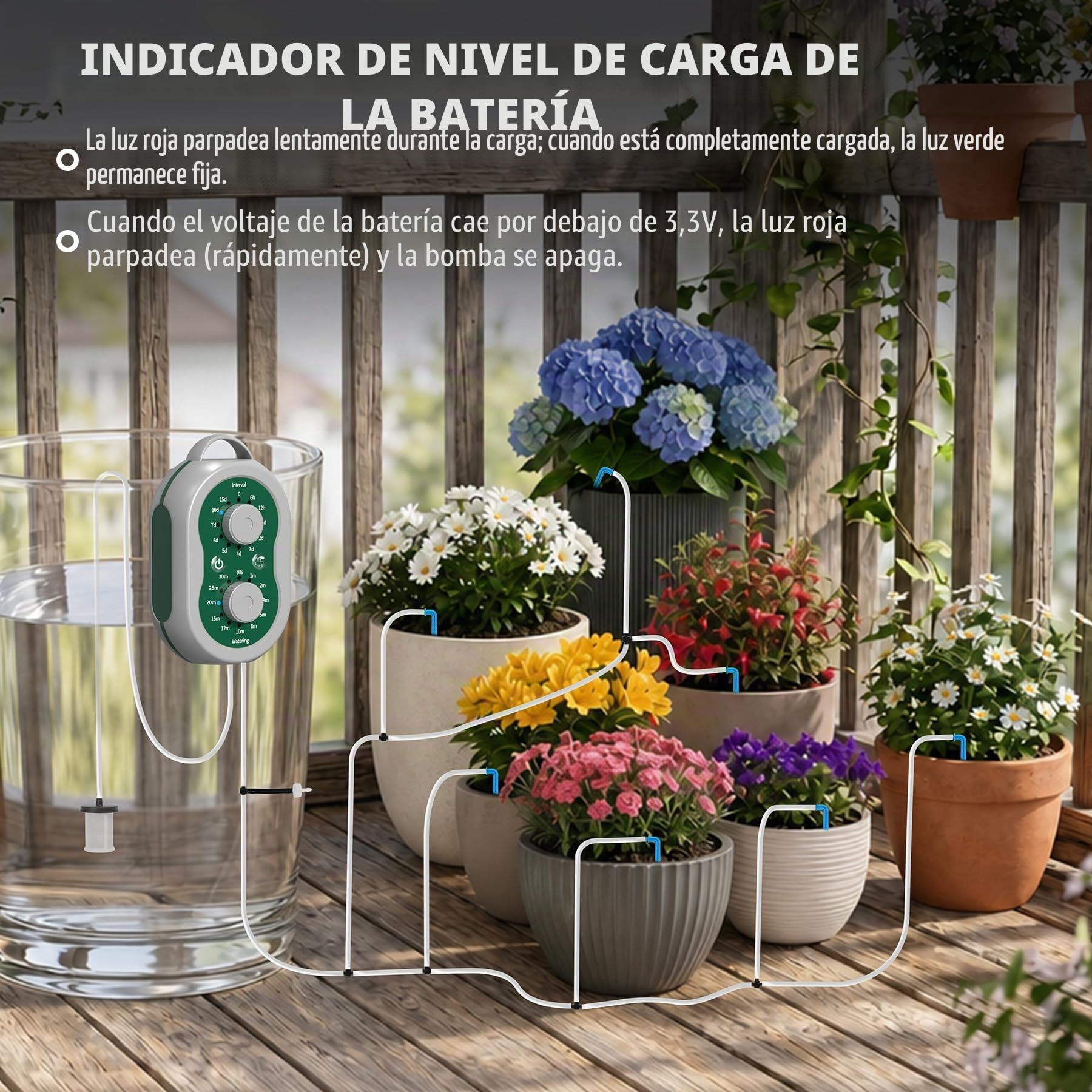 Kit Riego por Goteo Automático Recargable Sistema de Riego por Goteo 132 Modos para 15 Plantas, Sistema de Riego Automático de Plantas para Interior, Balcón, Invernadero, Jardín