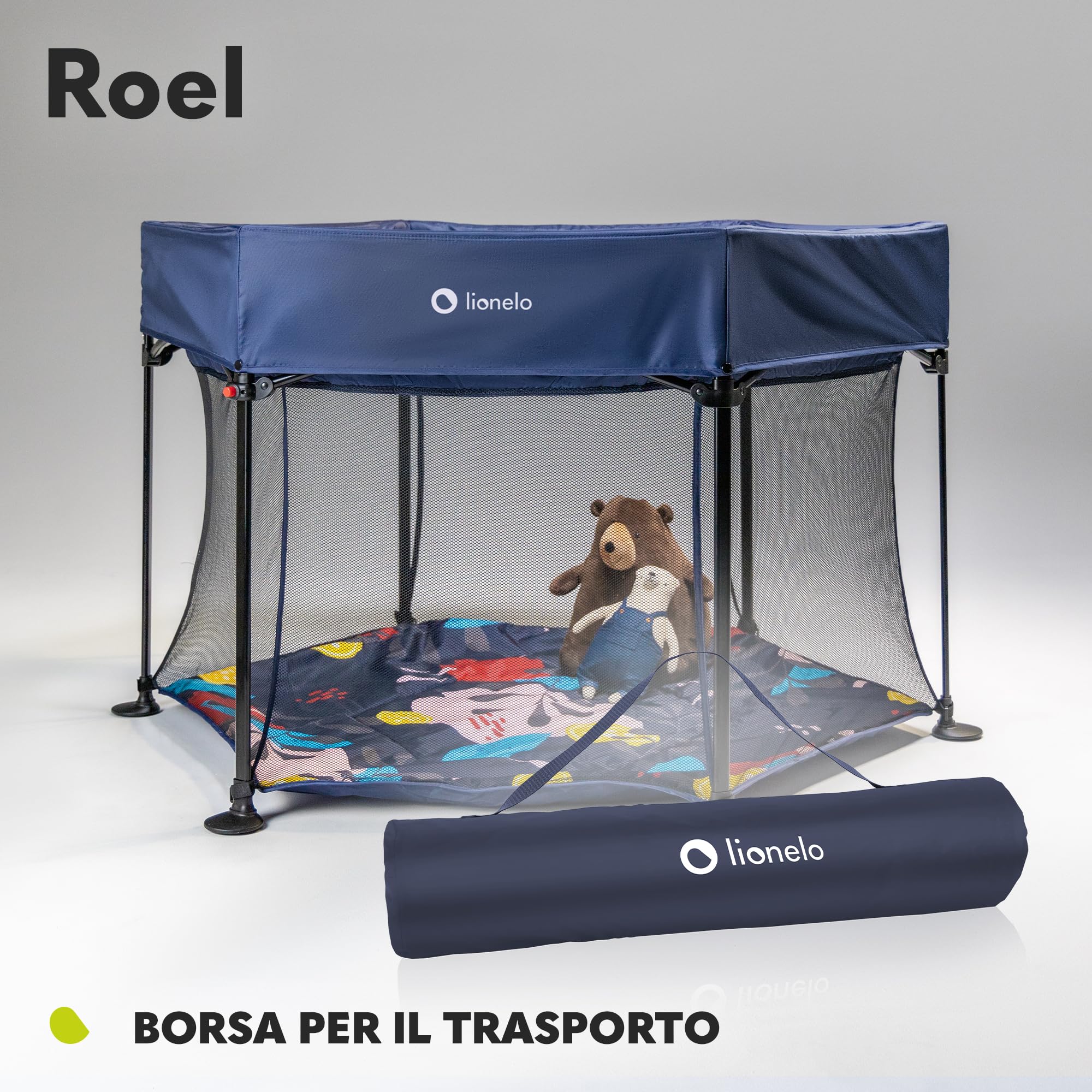 LIONELO Roel box bambini da 6 mesi fino a 15kg forma esagonale grandi dimensioni 135 x 118 x 83 cm Blocco di piegatura LockGuard, le pareti trasparenti, Gambe antiscivolo, Piegatura facile, Borsa