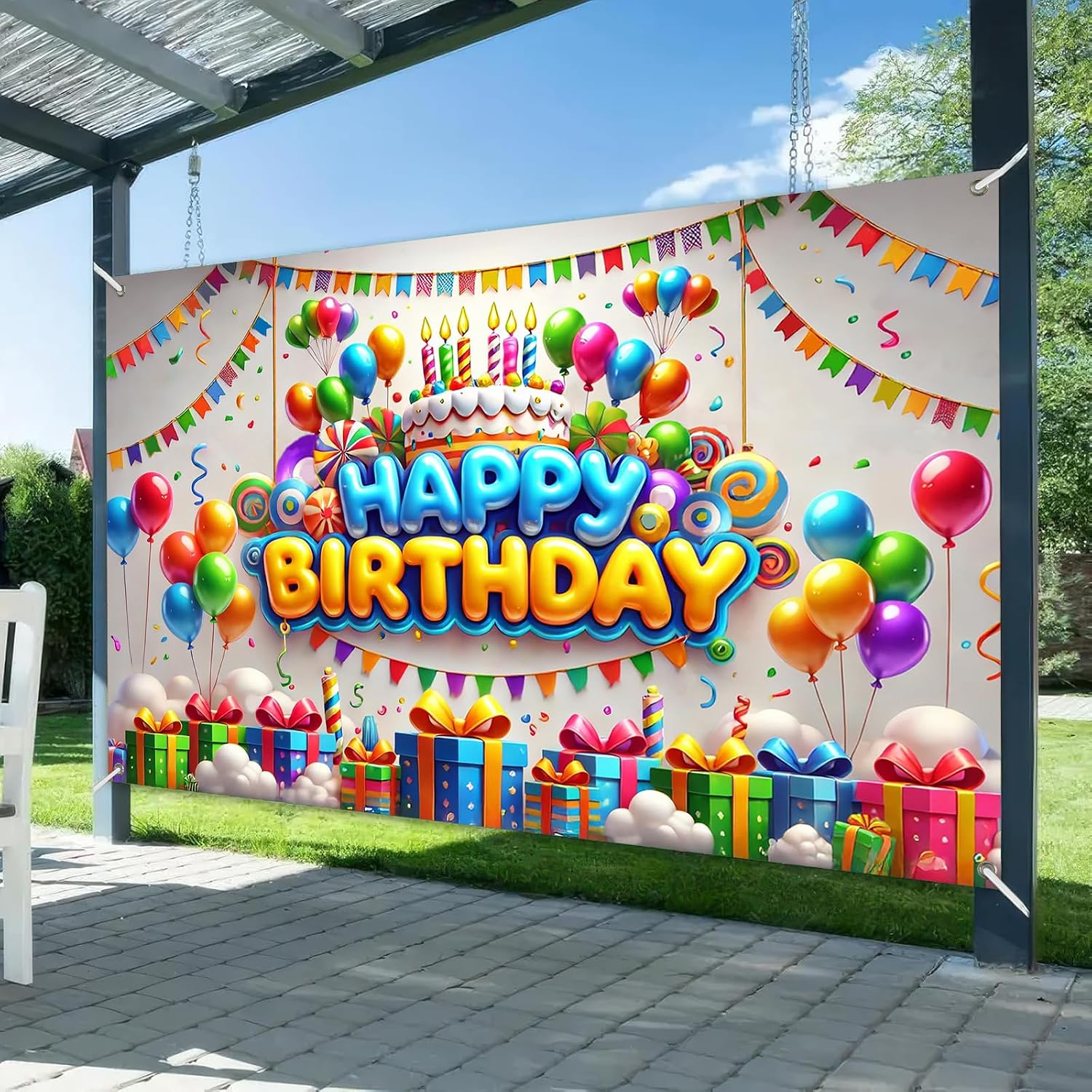 HOMETITUTE Happy Birthday Banner Decrations Colorful Backdrop 96x72 Inch Balloons Confetti Cake Background Decoration for Kids Boys Girls Photo Booth Party Supplies For Girls or boys gifts