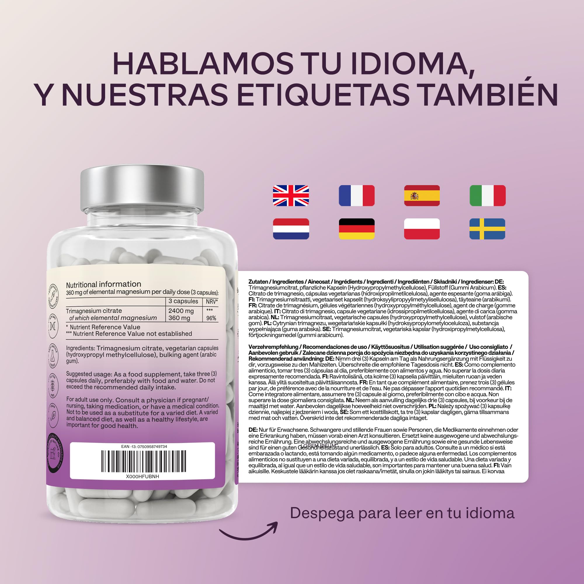 Aavalabs Citrato de Magnesio Capsulas [2400 mg por dosis diaria] - Alta Dosis de Magnesio Elemental [360 mg por dosis] - Puro y Vegano - 180 Cápsulas - Dosis Diaria 3 Cápsulas