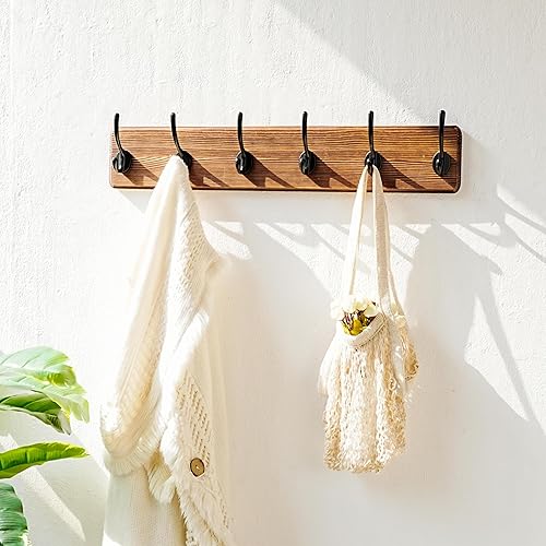 Miniatura 7 de Dseap Perchero de pared 24" de largo, patentado, resistente, 6 ganchos dobles de madera montado en la pared, perchero para perchero de invierno,