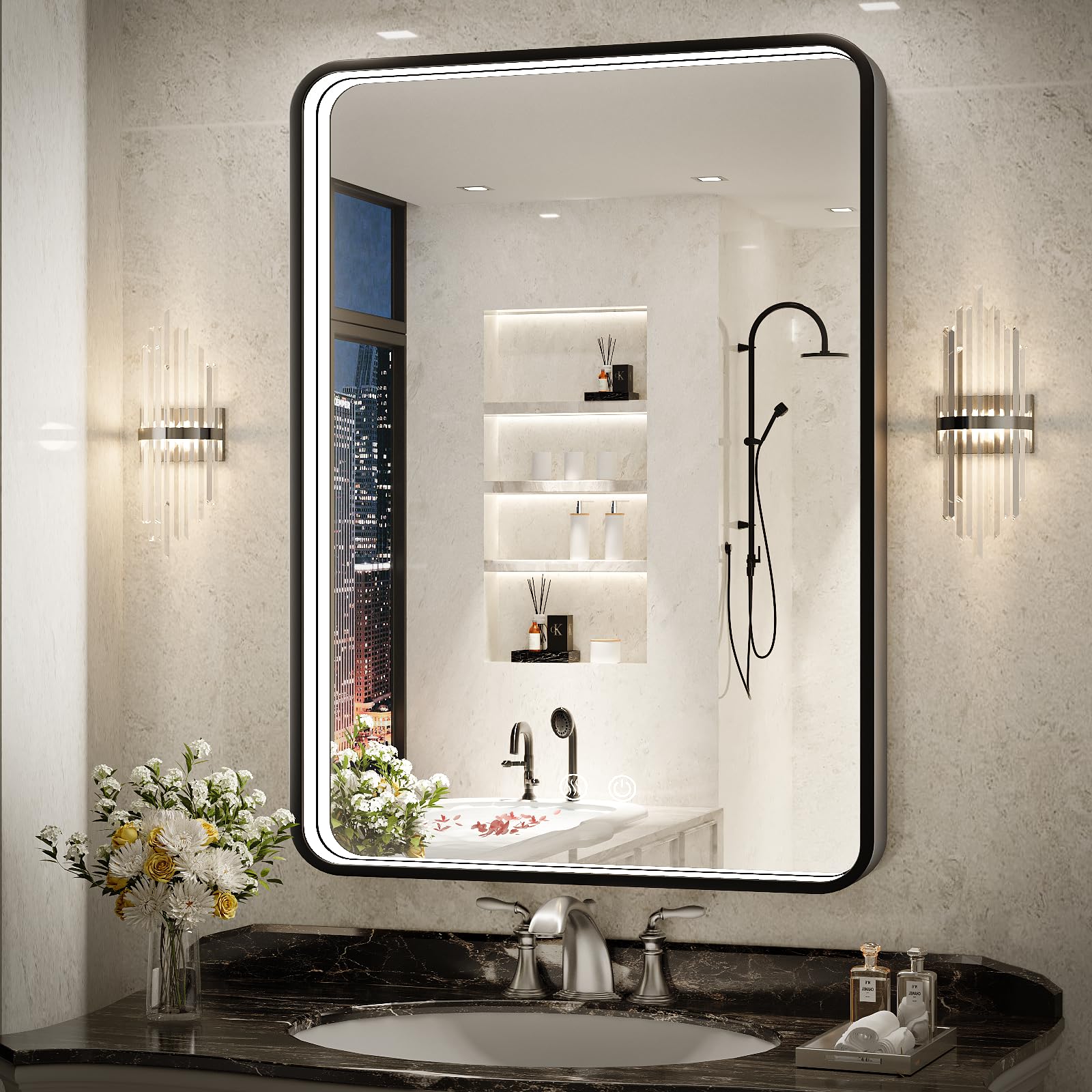 36x24 Inch LED Bathroom Mirror with Lights, Black Metal Frame Mirror, Wall Mounted Lighted Vanity Mirrors for Wall, Anti Fog Dimmable Led Mirror for Makeup