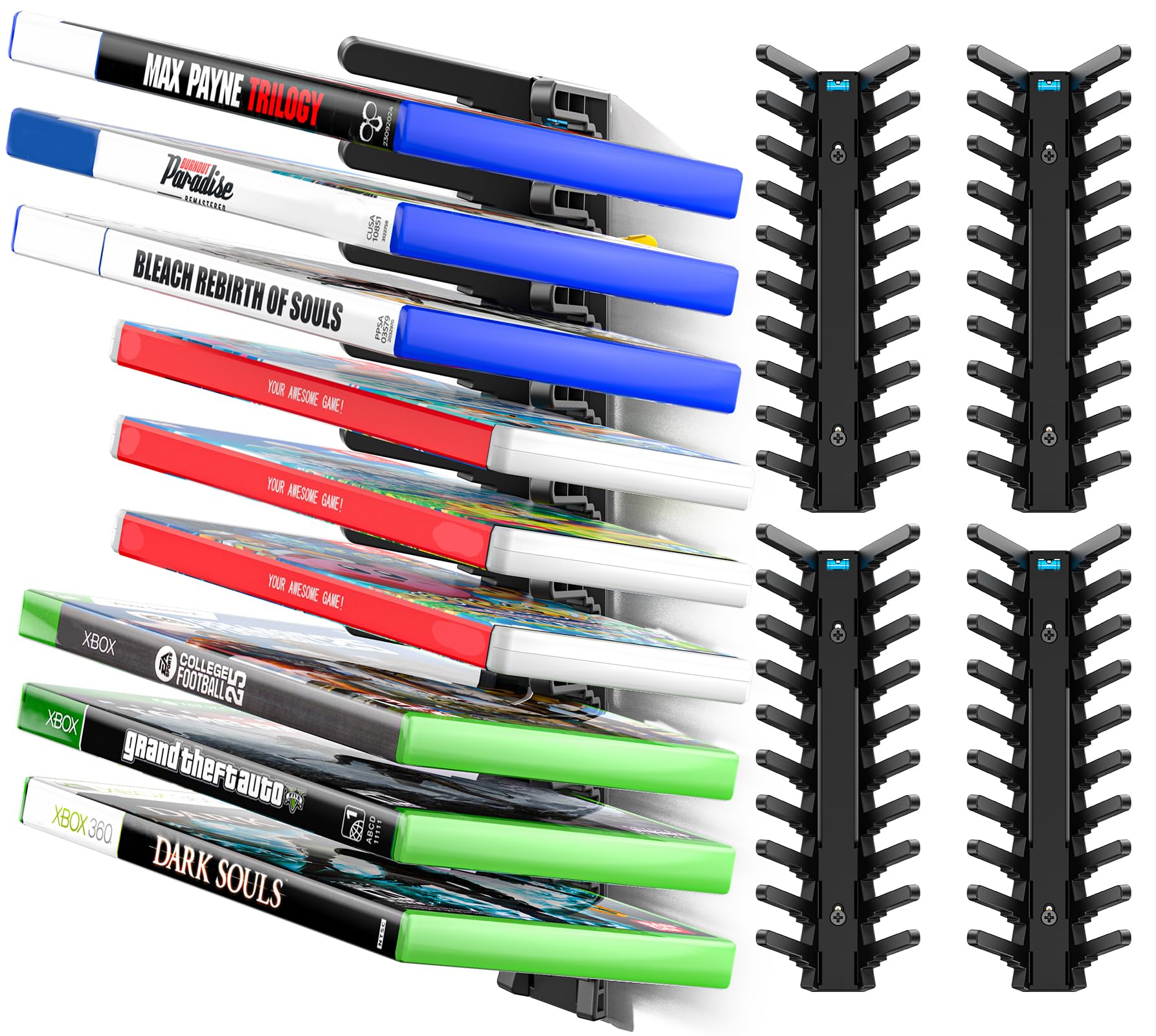 Kosker Torre del Supporto di Archiviazione da Parete con Capienza di 36 Dischi, Giochi Organizer Compatibile con Switch/Xbox/PS4/PS5, Gioco Torre da Muro con a Slot in 3 Misure, 4 Pezzi