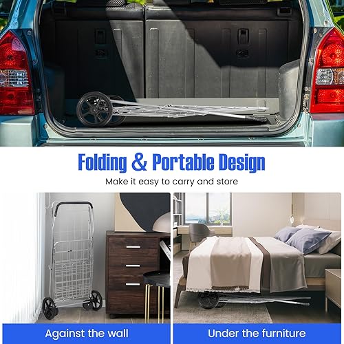 Miniatura 4 de GOFLAME Carrito de compras plegable, carrito utilitario de metal rodante con cesta trasera adicional, ruedas universales dobles, carrito de