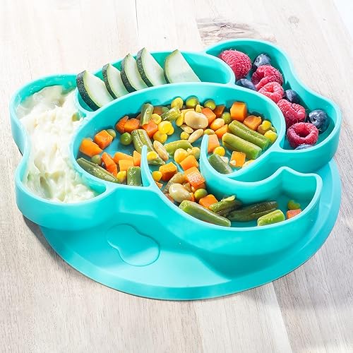 Miniatura 7 de Platos con compartimento de silicona de dinosaurio, 3 unidades, T-Rex, grandes secciones divididas para un fácil agarre para el entrenamiento de