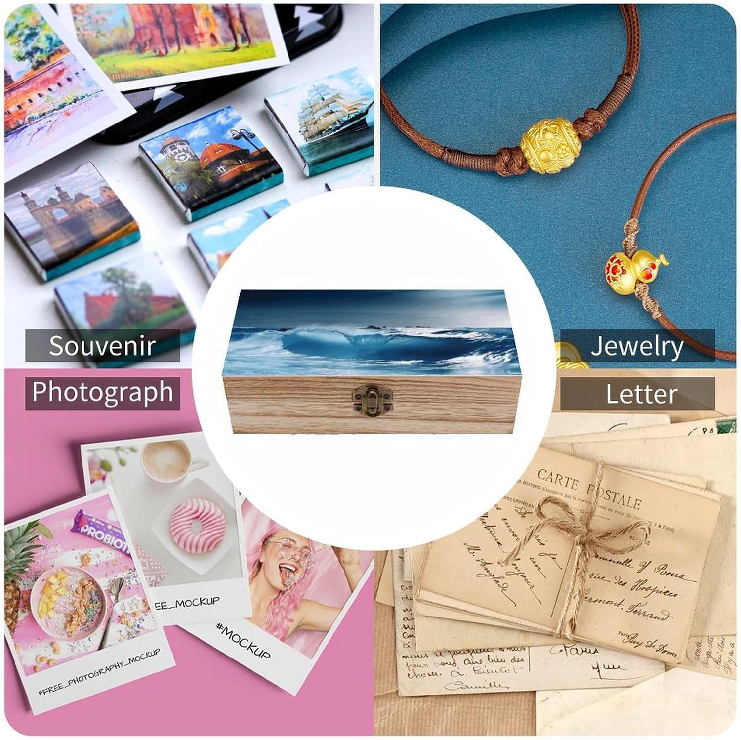 Blue Ocaen Seascape Memory Jewelry Wooden Box, Large Wooden Treasure Chest Boxes with Hinged Lid, Photos Storage Case for Women Men, Wooden Keepsake Box, 7.9'' X 3.9'' X2.3''