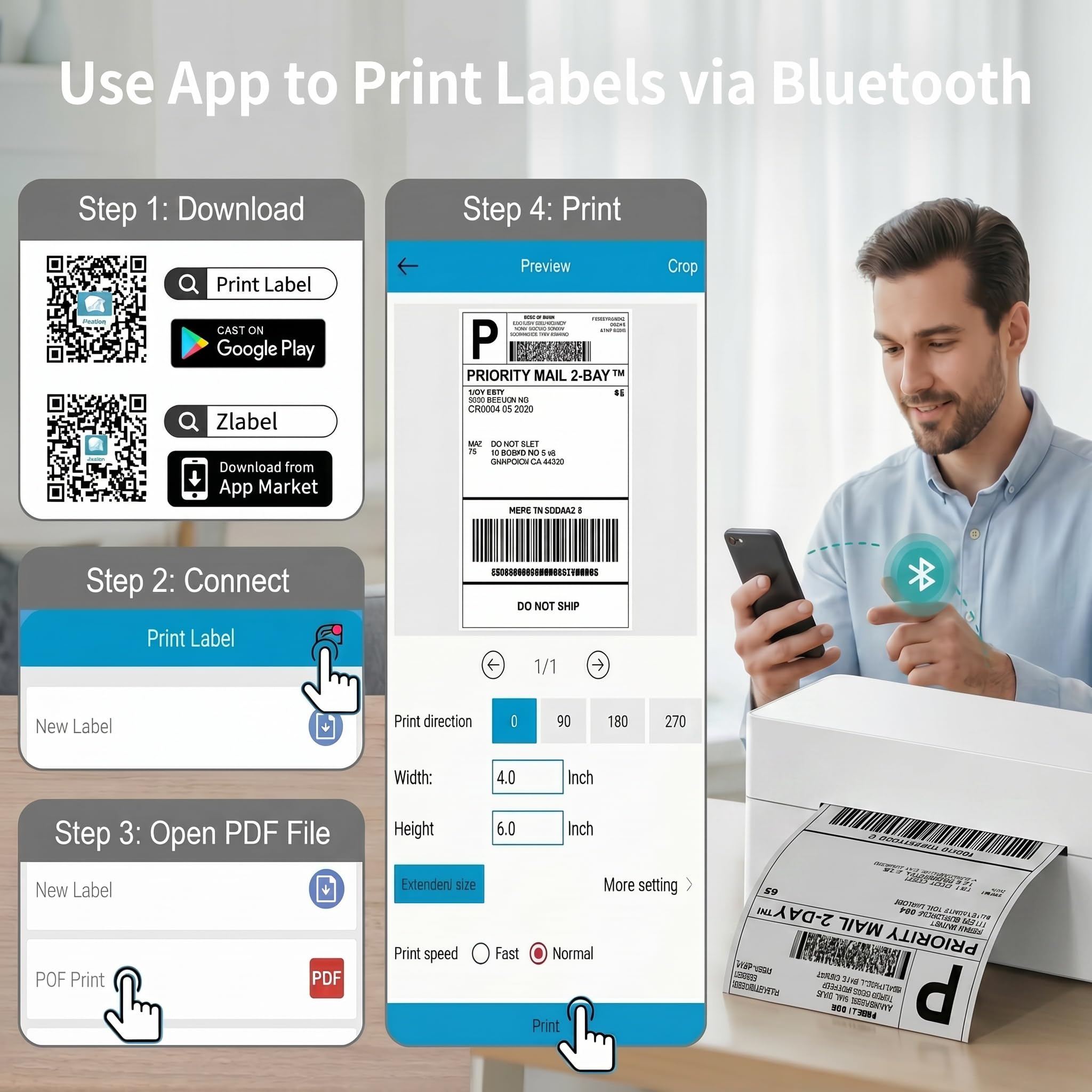 Stampante Etichette Termica 4x6 con Supporto – Bluetooth e USB, Senza Inchiostro – Include Chiavetta USB Driver