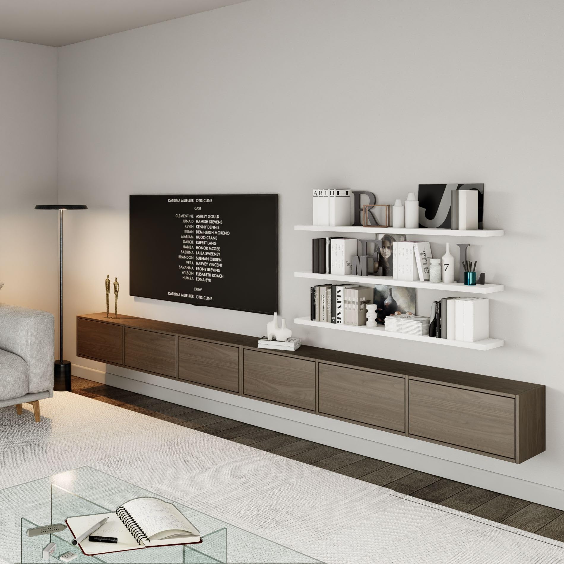 Selsey TV Lowboard Hängend Walnuss Wisconsin 300 cm Minimalistisches Design mit Push-to-Open 16 mm Laminierte Spanplatten 6 Klappen Platzsparend Ideal für Wohnzimmer Matte Oberfläche Made in Europa