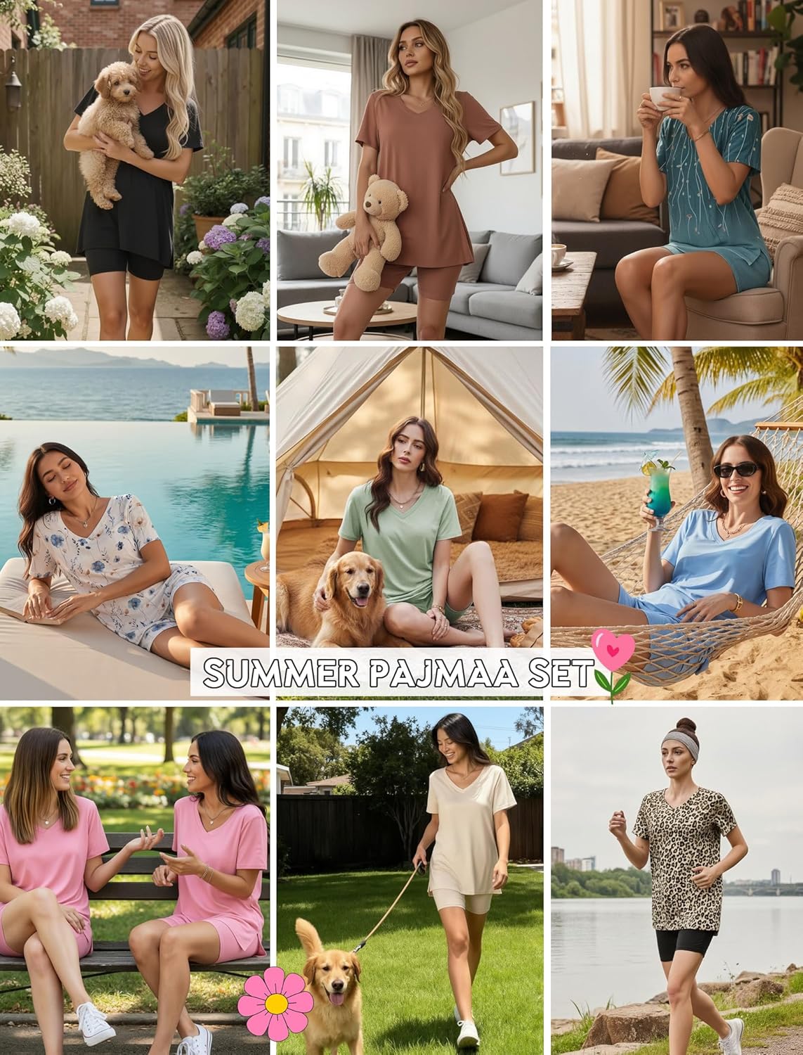 Ekouaer Pajamas for Womens Set 2 Piece Lounge Set Lightweight Summer Pjs Biker Shorts Sets V-Neck Tops Matching Outfits Set - Image 6