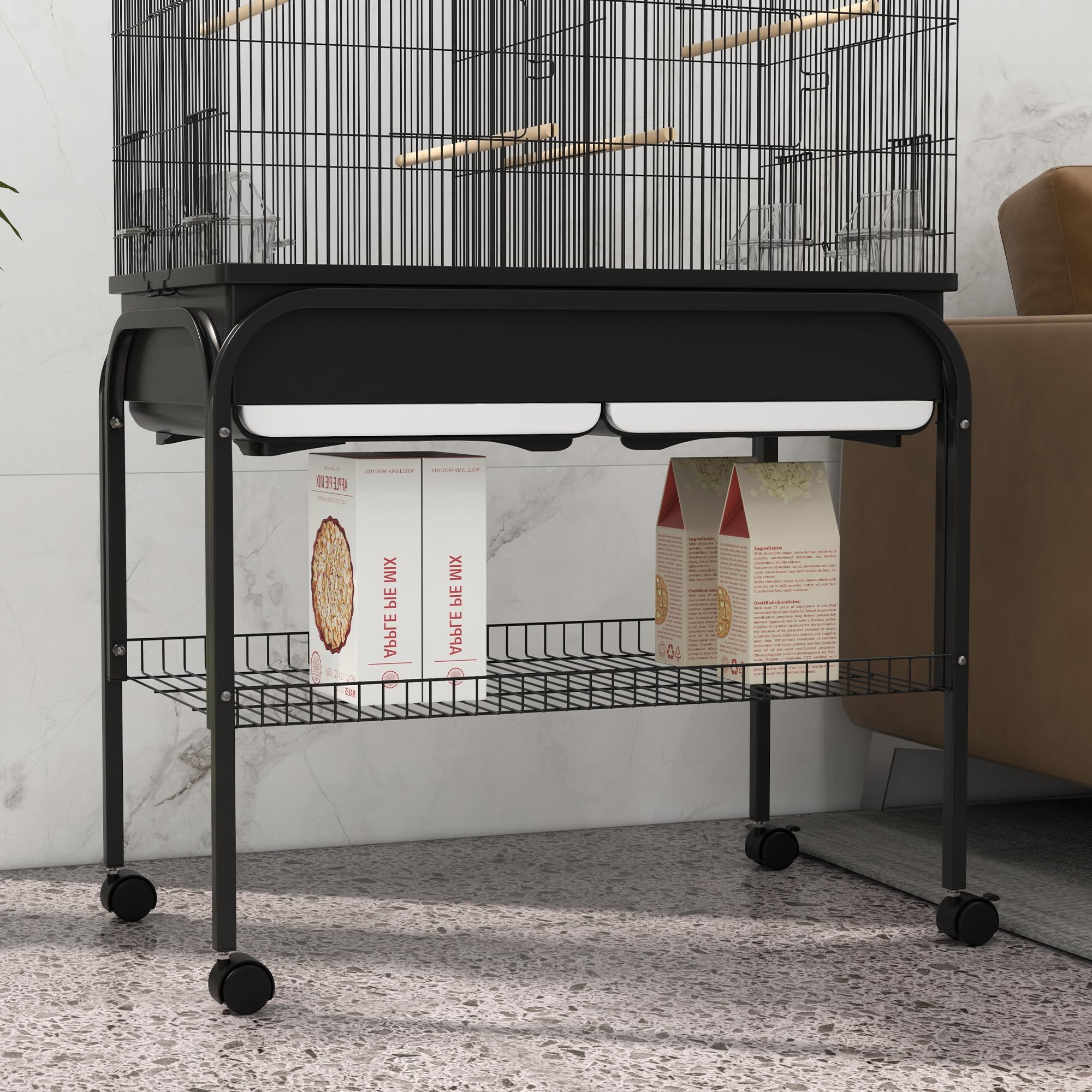 PawHut Gabbia per Uccelli da Interno con Vassoio, Ripiano e Ruote, Voliera in Acciaio per Cocorite, Canarini, Calopsitte e Pappagalli, 85x49x119 cm, Nero