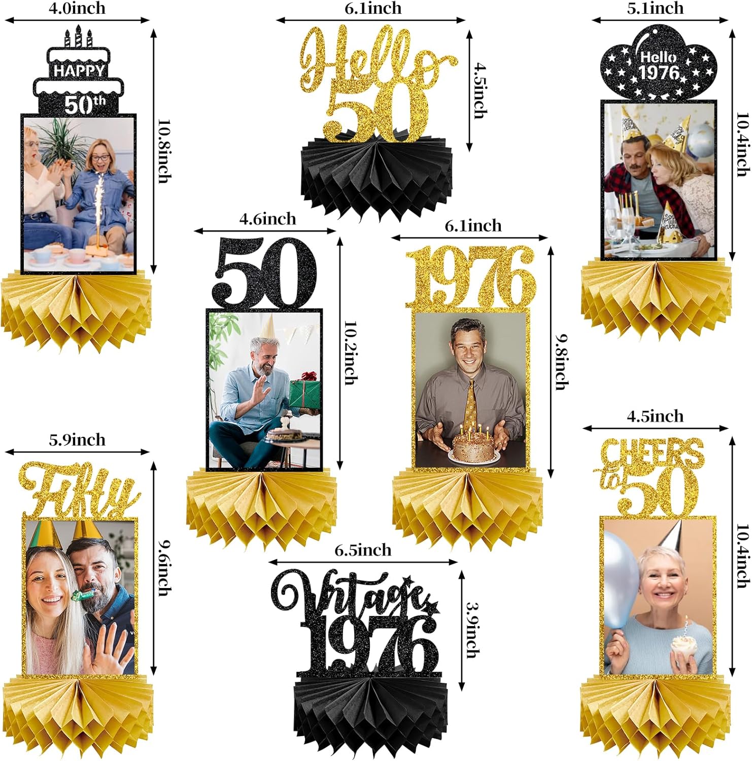 8Pcs 50th Birthday Decorations Honeycomb Centerpieces for Women Men, Black Gold Vintage 1976 50th Bday Photo Table Centerpieces Party Supplies, Glitter Cheers to 50 Year Old Bday Table Topper - Image 2