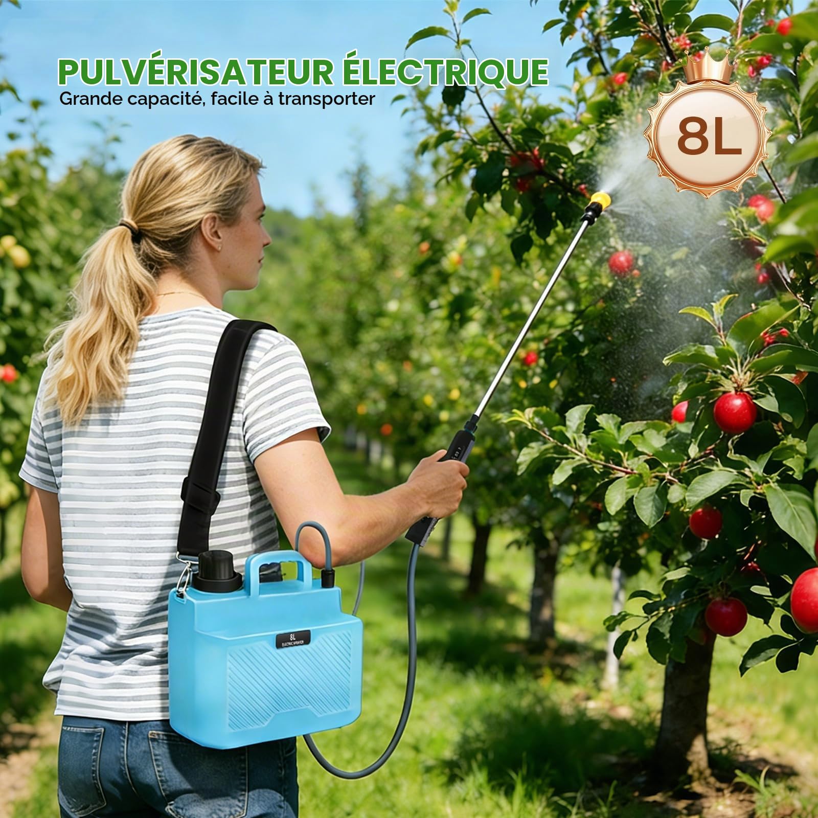 auvstar Pulvérisateur Électrique de Jardin 8L avec 4 Buses,Portable Pulverisateur a Pression Rechargeable pour Jardin,Traitement des Plantes,3 Vitesses de Pulverisation et Canne Telescopique