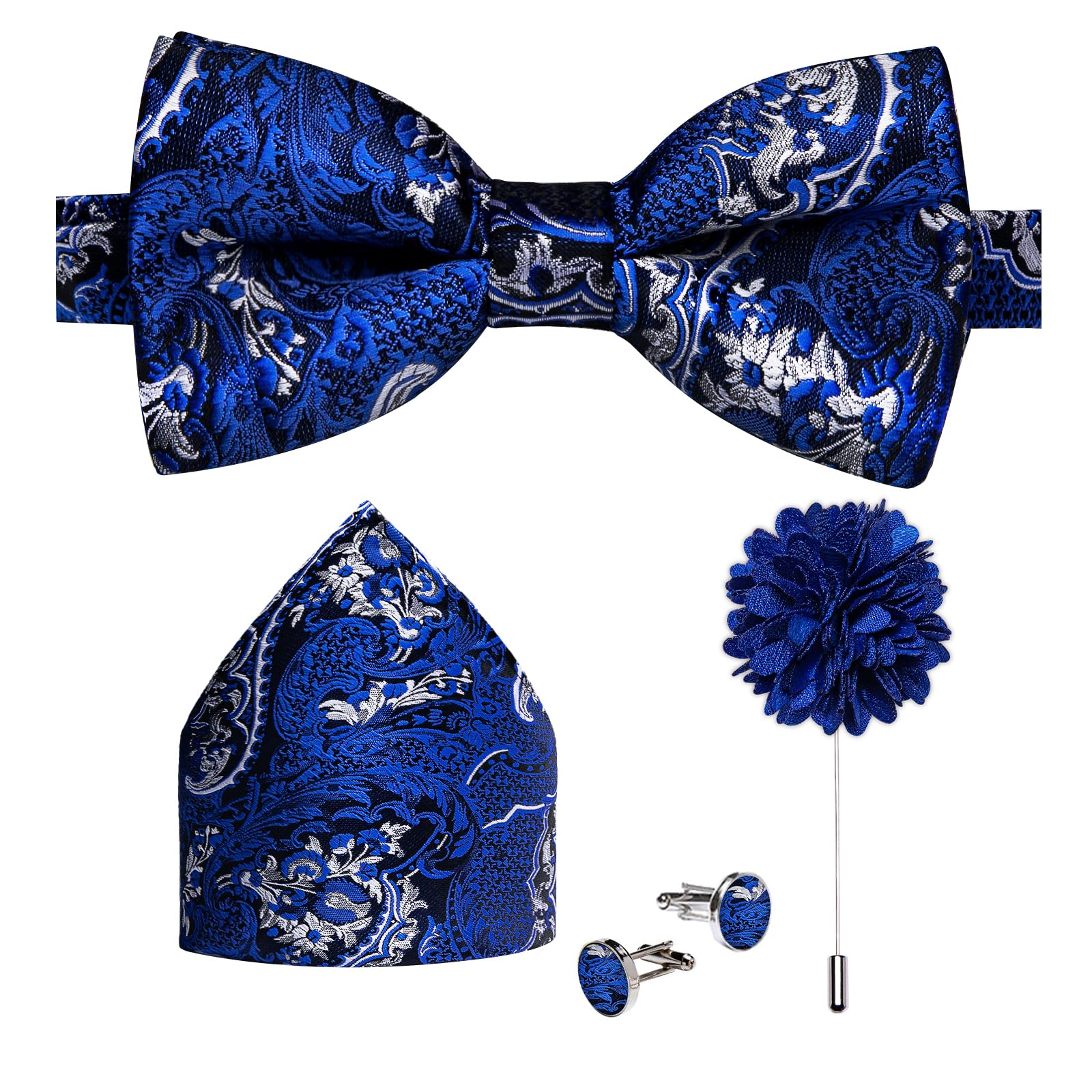DiBanGu Pre-Tied Bow Ties for Men Silk Adjustable Tuxedo Bowties Pocket Square Cufflinks Set with Lapel Pin Jacquard Woven