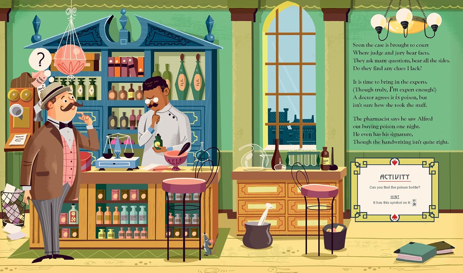 Interior illustration spread of The Mysterious Affair at Styles, featuring the light-skinned man from the previous picture in an apothecary's shop; a brown-skinned man with short, dark curly hair and wearing glasses stands behind the counter and looks down with concern at a green bottle in his hand.