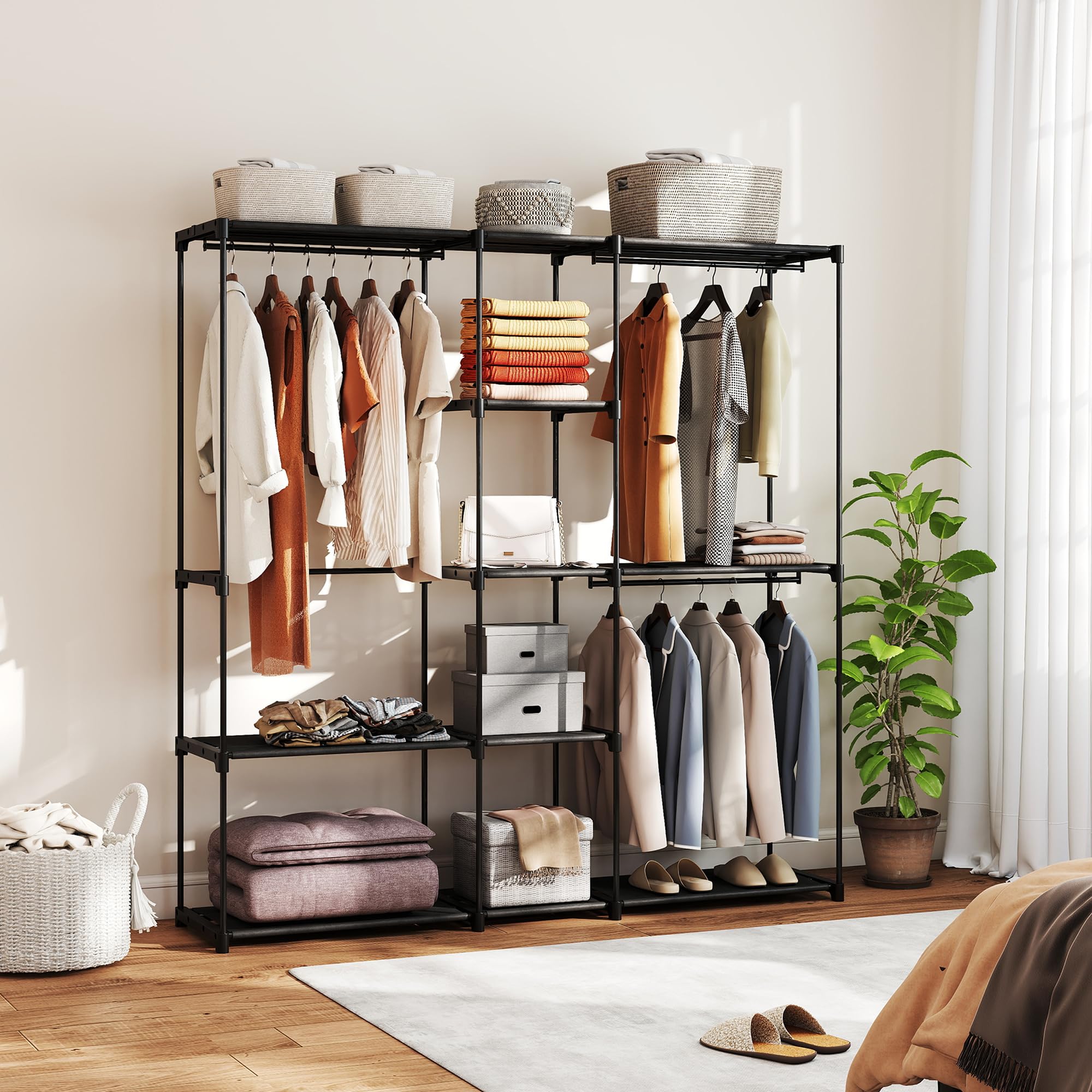 HOMCOM Armadio Guardaroba con 8 Ripiani e 3 Aste per Appendere, Guardaroba in Tessuto non Tessuto, Acciaio e Plastica, 182x43x185 cm, Nero