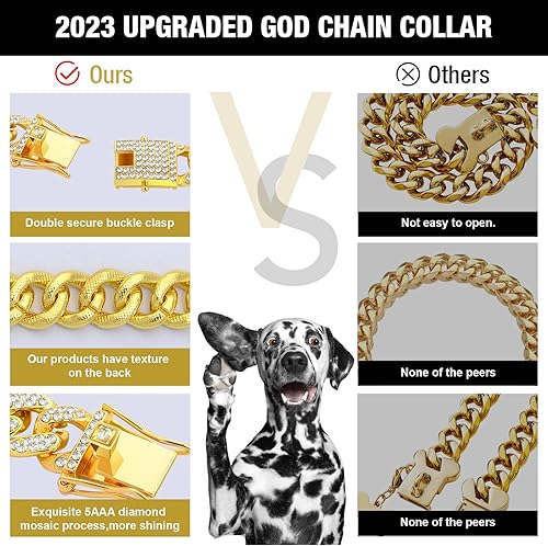 Miniatura 4 de Collar cubano dorado para perro, collar de cadena de metal dorado con diseño de hebilla segura, collar de cristal cubano para mascotas, accesorios