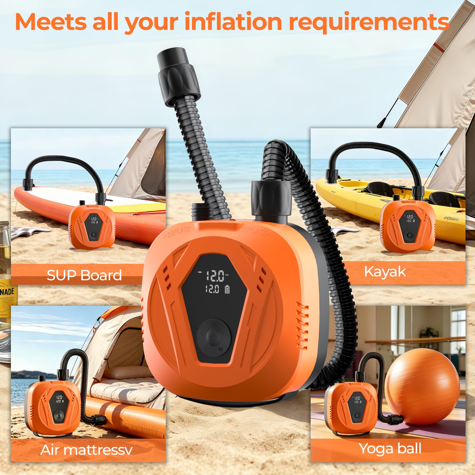 Pompe à air électrique SUP, 20 PSI SUP, pompe à pagaie rechargeable, 15600 mAh, détection automatique de la pression d'air, pompe à air d'arrêt automatique pour paddleboard, cerf-volant, tente